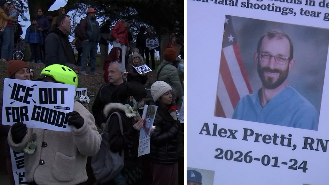 Bay Area demonstrators honor Veterans Affairs ICU nurse Alex Pretti, others  killed by ICE - ABC7 San Francisco
