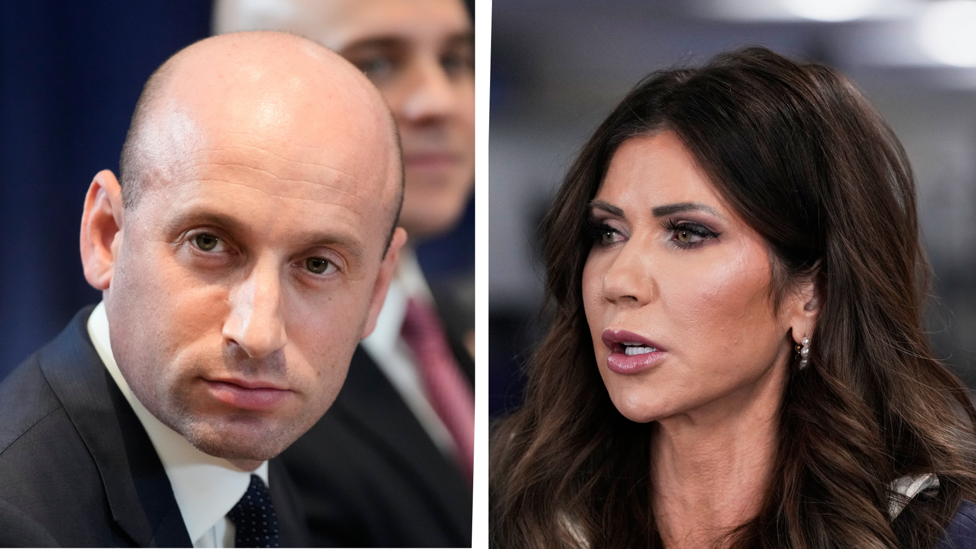 This combination photo shows Homeland Security Advisor Stephen Miller, left, and Homeland Security Secretary Kristi Noem, right.