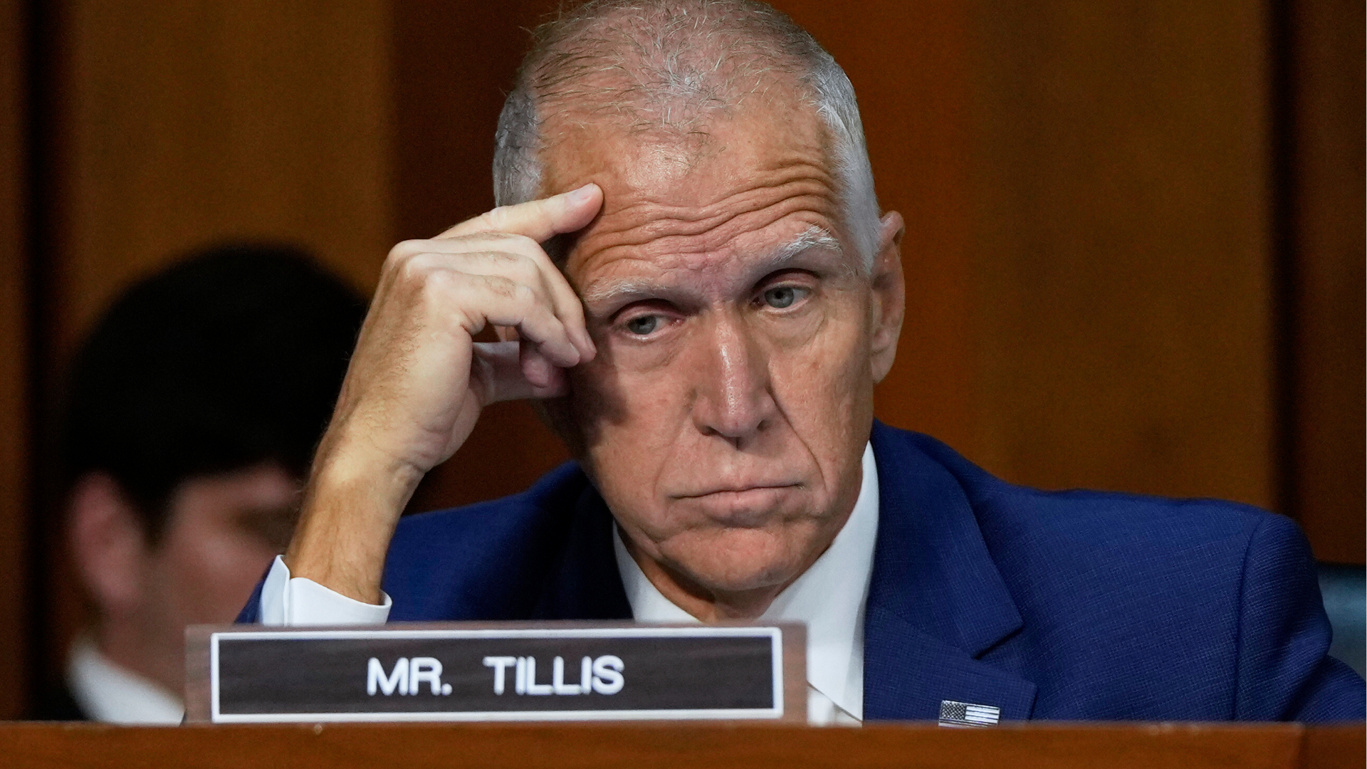 Sen. Thom Tillis, R-N.C., listens to FBI Director Kash Patel as he appears before the Senate Judiciary Committee, Tuesday, Sept. 16, 2025, at the Capitol in Washington.