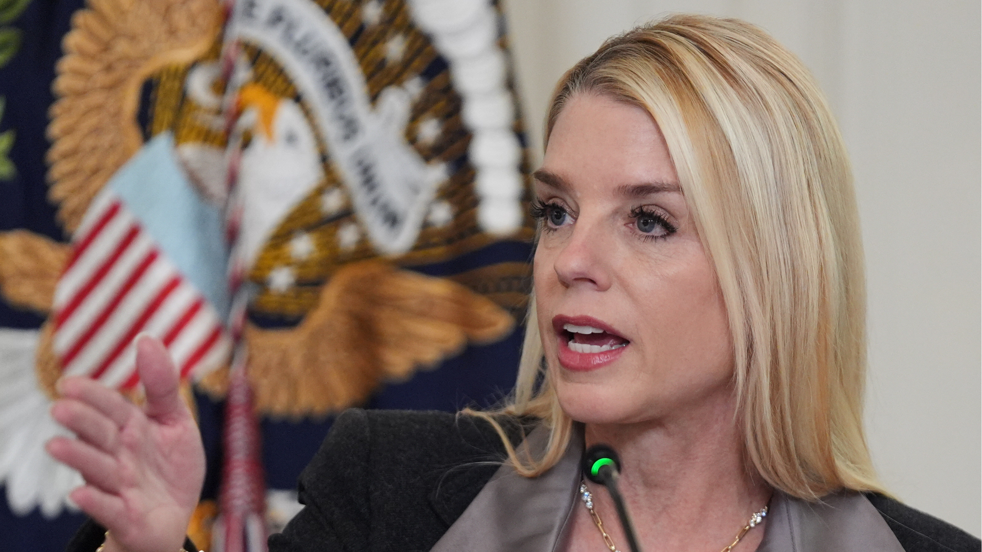 FILE - Attorney General Pam Bondi speaks during a roundtable with President Donald Trump in the State Dining Room of the White House, Thursday, Oct. 23, 2025, in Washington.