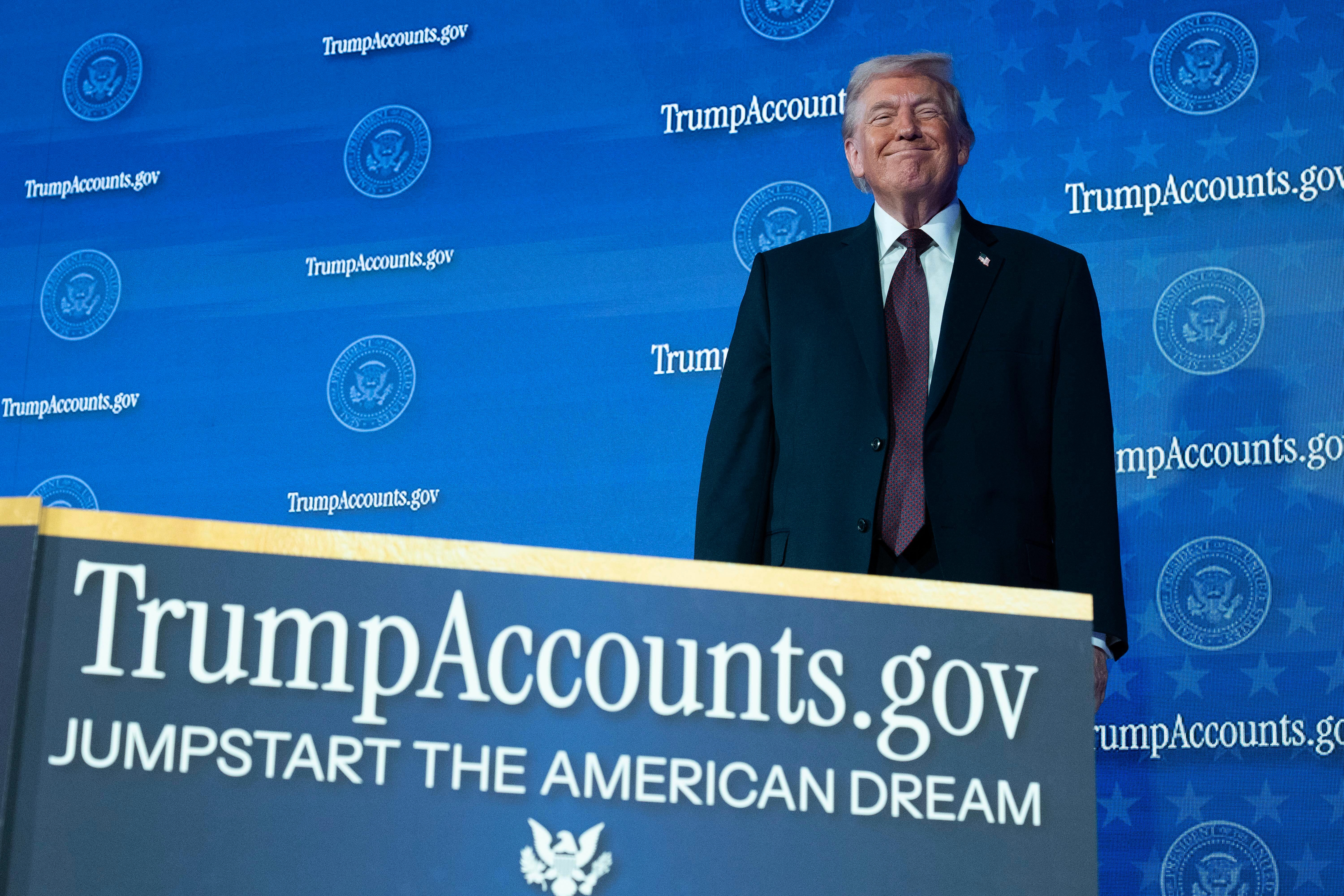 President Donald Trump arrives to the auditorium during the launch of a program known as Trump Accounts at the Andrew W. Mellon Auditorium, Wednesday, Jan. 28, 2026, in Washington.