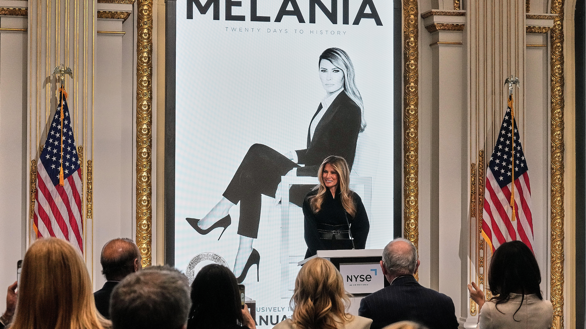 First lady Melania Trump delivers her remarks in the New York Stock Exchange board room before ringing the opening bell, Wednesday, Jan. 28, 2026.