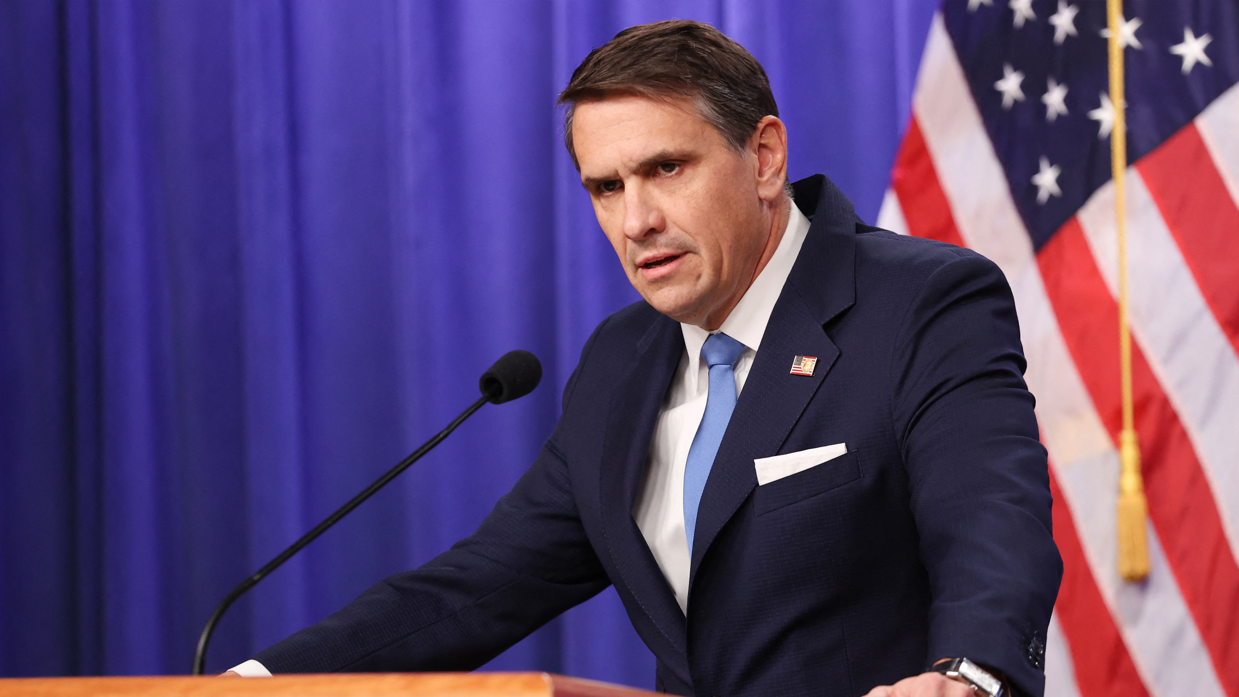 US Deputy Attorney General Todd Blanche speaks during a press conference at the US Department of justice on January 30, 2026 in Washington, DC.