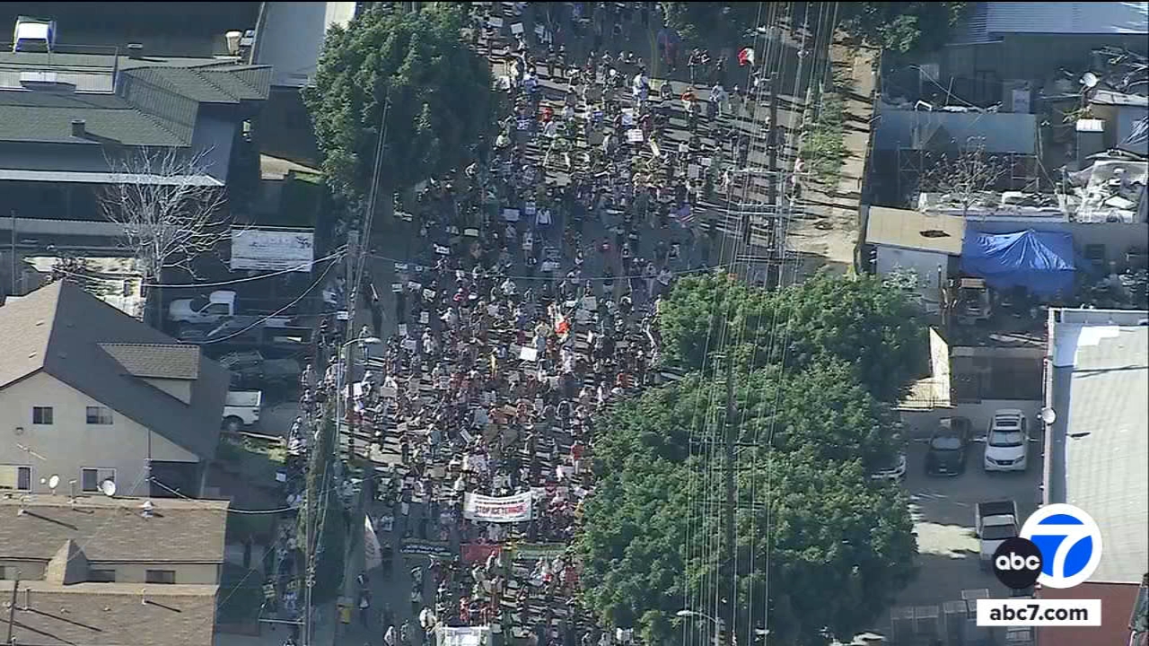 Thousands converge in downtown Los Angeles for 'ICE Out' rally