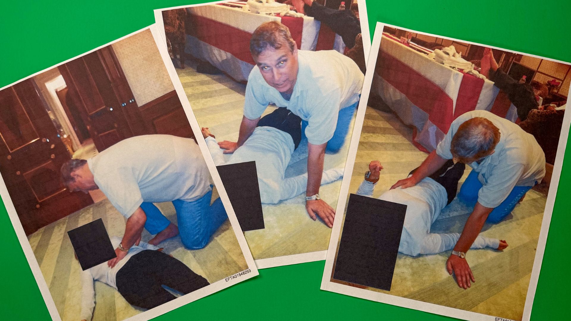 EDS NOTE: GRAPHIC CONTENT - Images from an undated and redacted document released show Andrew Mountbatten-Windsor leaning over an unidentified person.