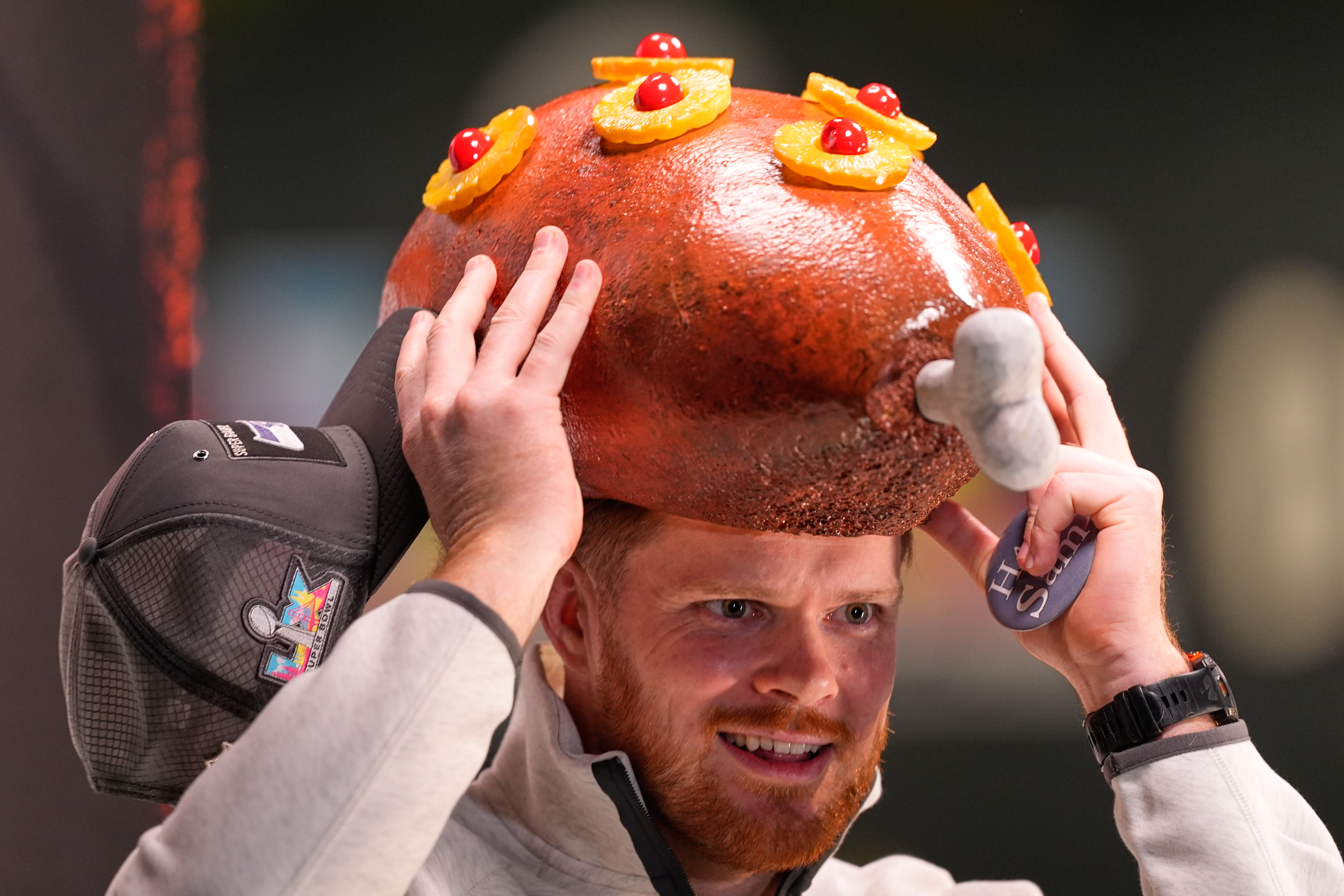 Seattle Seahawks quarterback Sam Darnold speaks during the NFL Super Bowl Opening Night, Monday, Feb. 2, 2026, in San Jose, Calif.