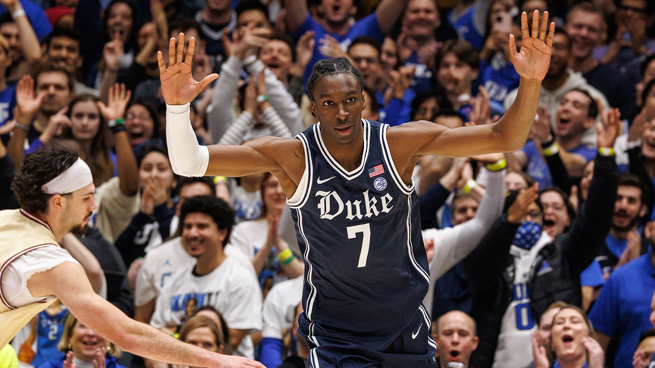 Duke's Dame Sarr celebrates after a play Tuesday night against Boston College in Durham.