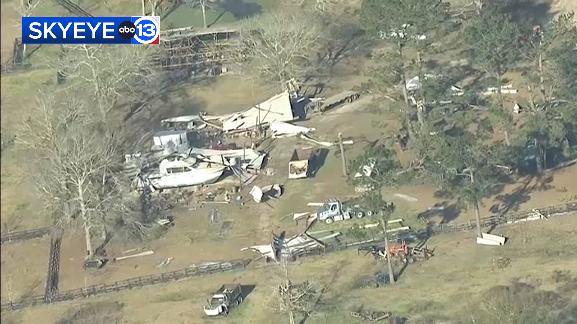 SkyEye images showed debris scattered around a property in the Plum Grove area on Wednesday morning. The National Weather Service confirmed two tornadoes touched down on Tuesday.