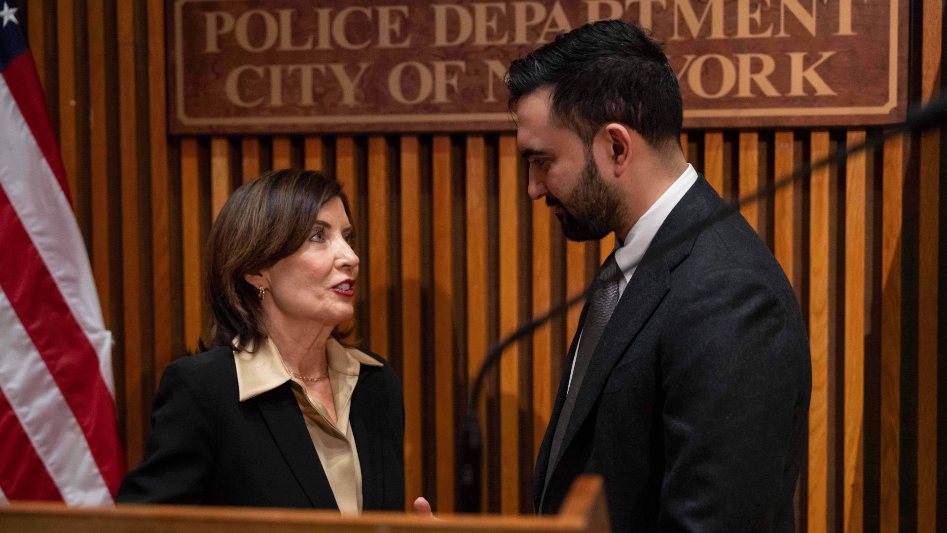FILE - New York Governor Kathy Hochul speaks with New York Mayor Zohran Mamdani after a press conference, Jan. 6, 2026, in New York.