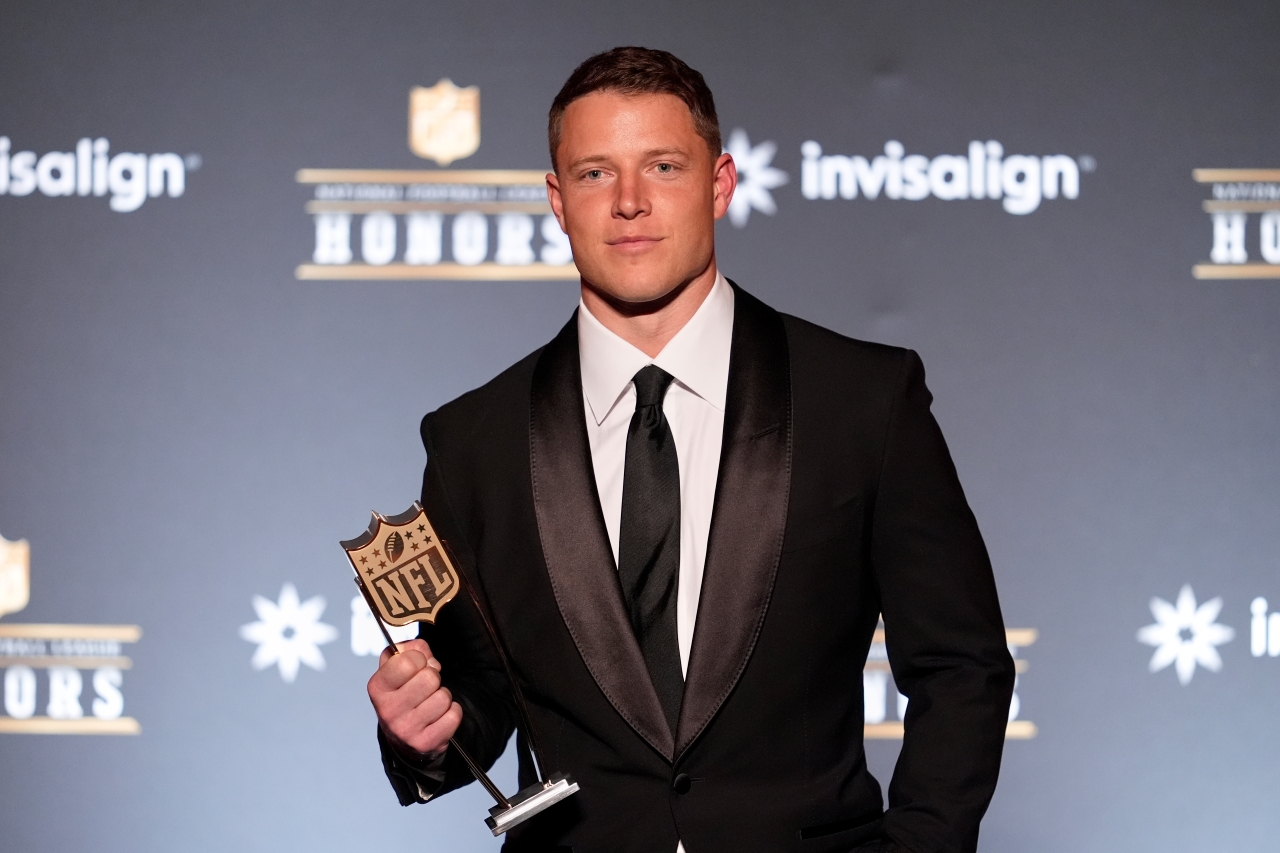 San Francisco 49ers' Christian McCaffrey smiles after winning the Salute to Service award during football's NFL Honors award show in San Francisco, Thursday, Feb. 5, 2026.