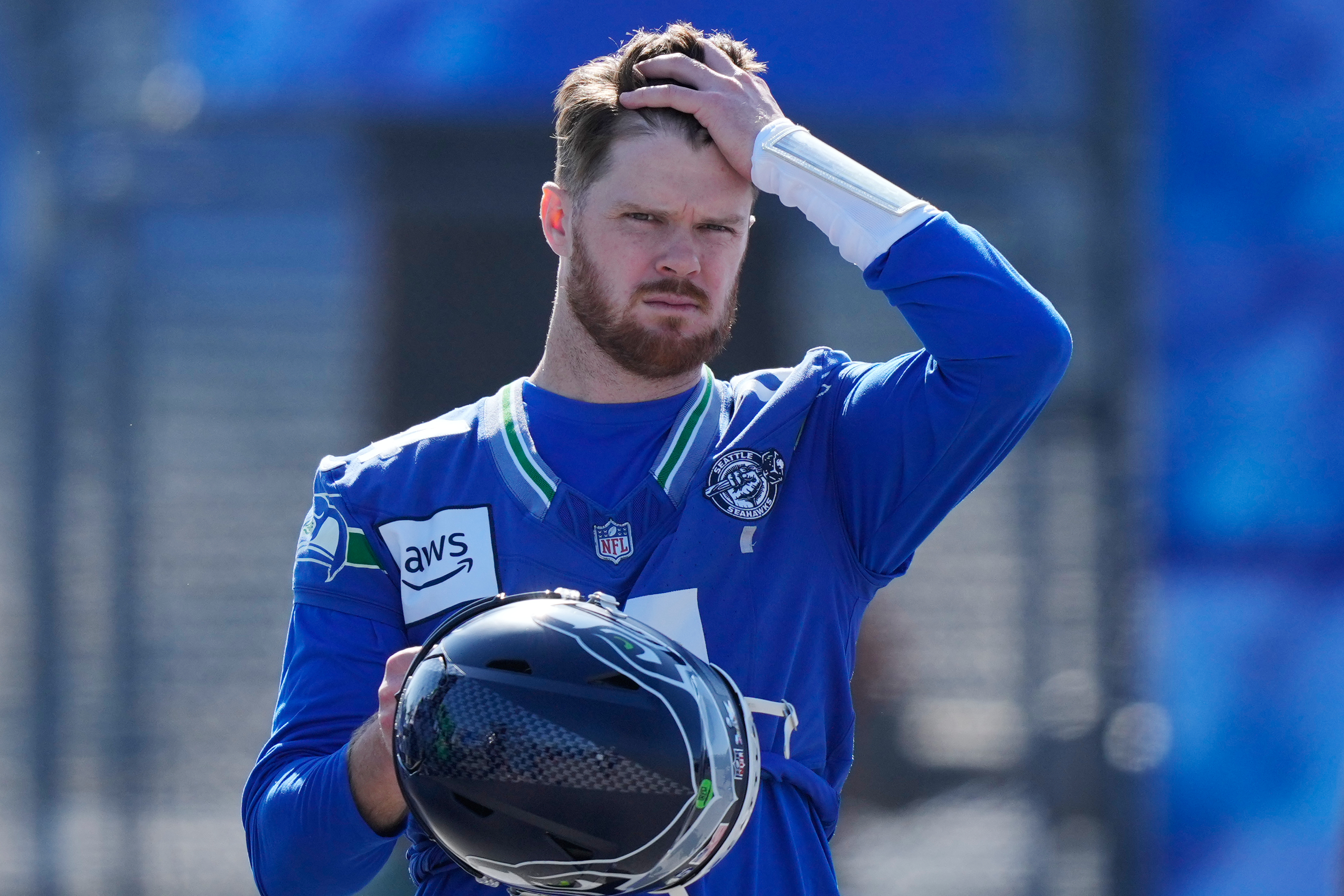 Seattle Seahawks quarterback Sam Darnold (14) arrives during an NFL Super Bowl football practice on Friday, Feb. 6, 2026, in San Jose, Calif., ahead of Super Bowl 60.