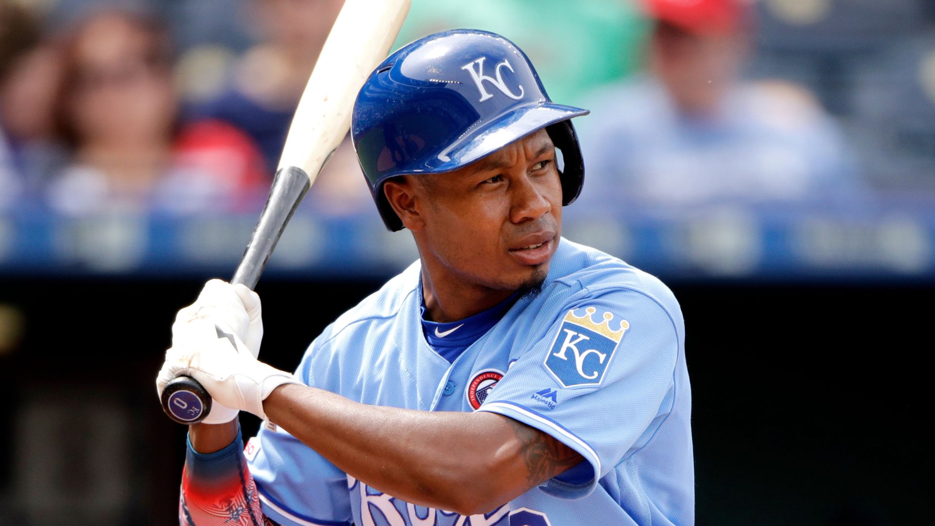 FILE - Kansas City Royals' Terrance Gore bats during the third inning of a baseball game Thursday, July 4, 2019, in Kansas City, Mo.