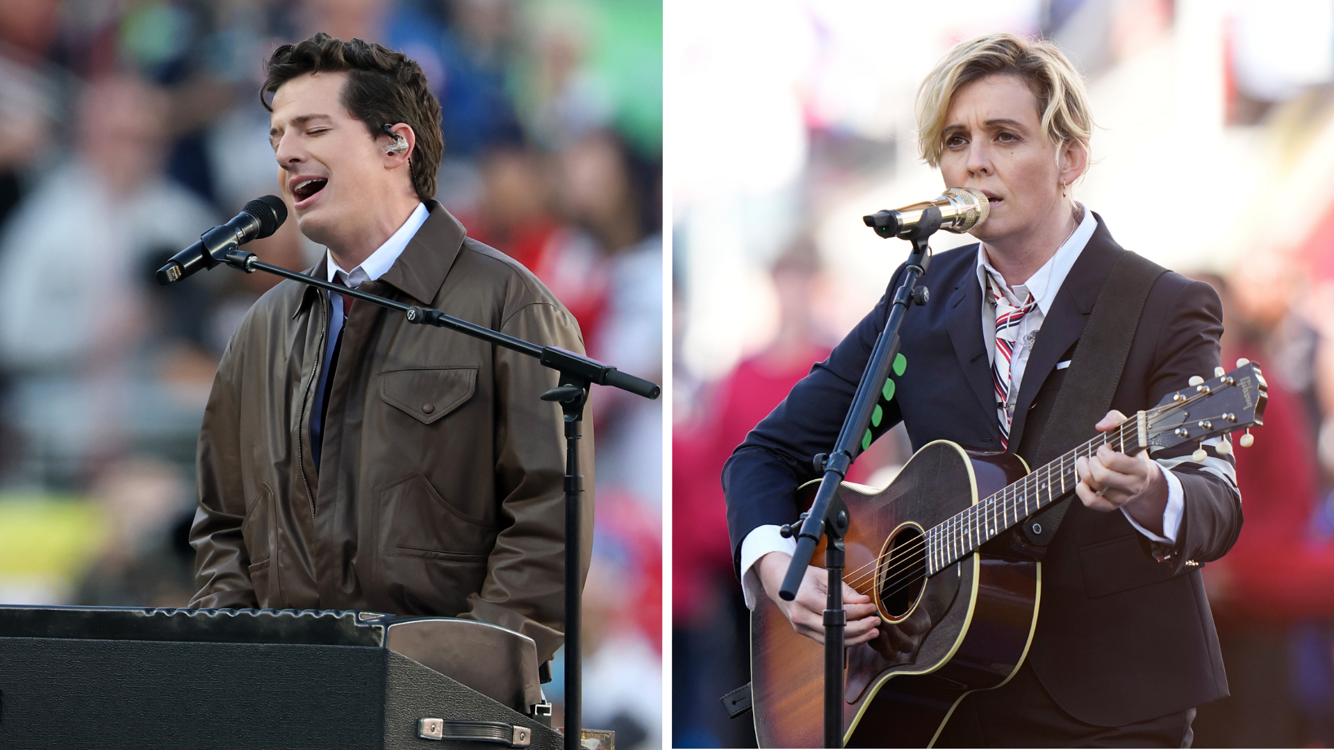Charlie Puth performs the National Anthem, left, and Brandi Carlile performs "America the Beautiful" before NFL Super Bowl 60, Sunday, Feb. 8, 2026, in Santa Clara, Calif.