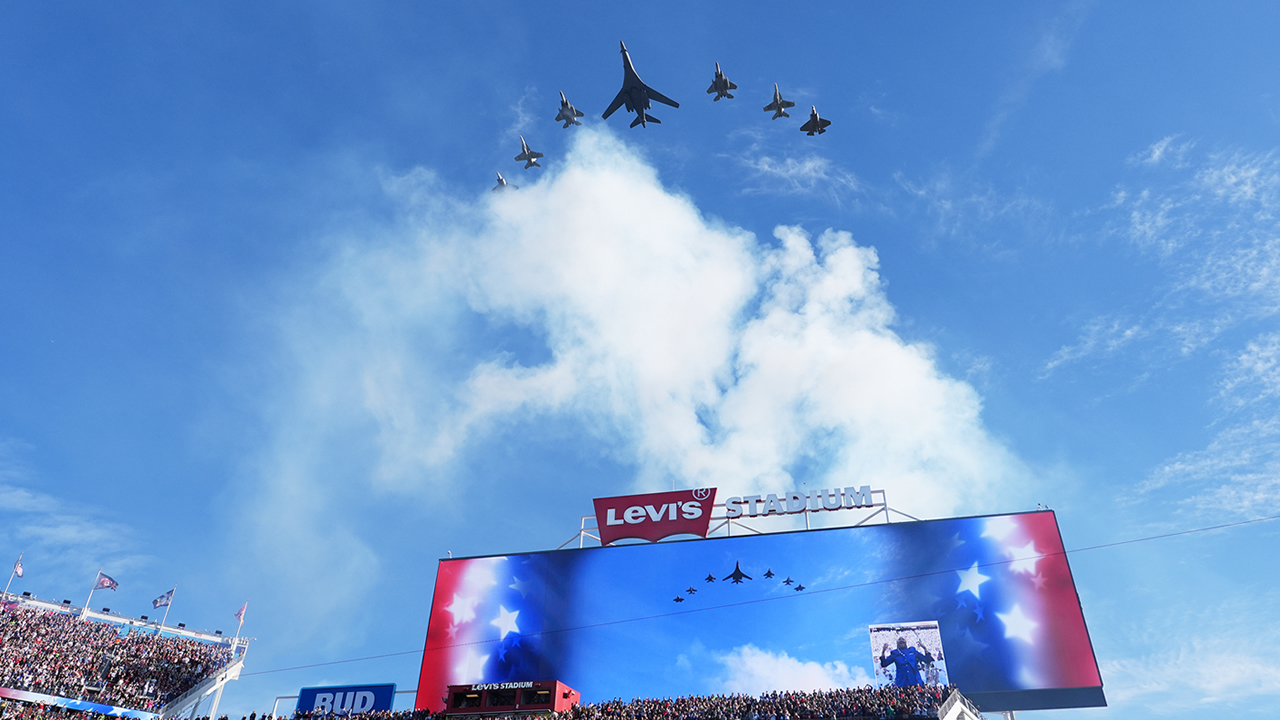 Jets fly over Levi's Stadium before the NFL Super Bowl 60 football game between the Seattle Seahawks and the New England Patriots, Sunday, Feb. 8, 2026, in Santa Clara, Calif.