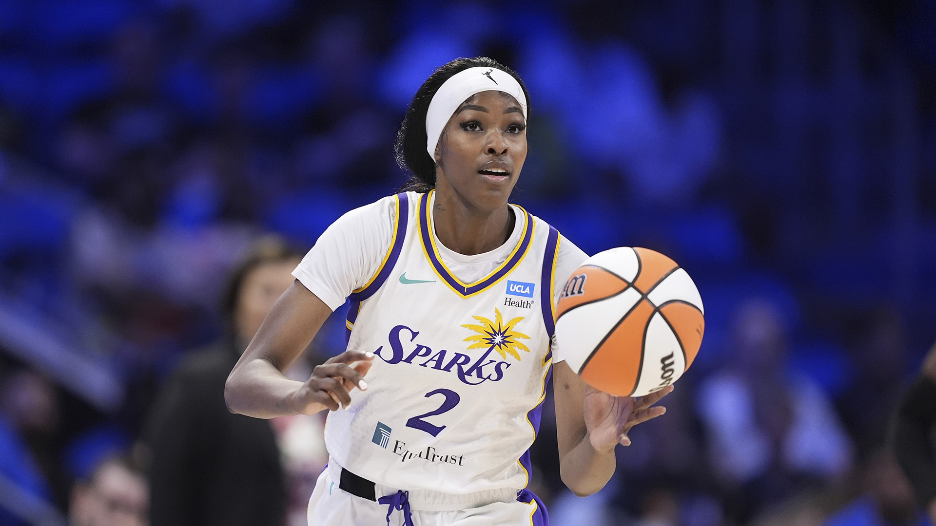 Los Angeles Sparks forward Rickea Jackson takes control of the ball against the Dallas Wings in the second half of a WNBA basketball game in Arlington, Texas, July 13, 2024.