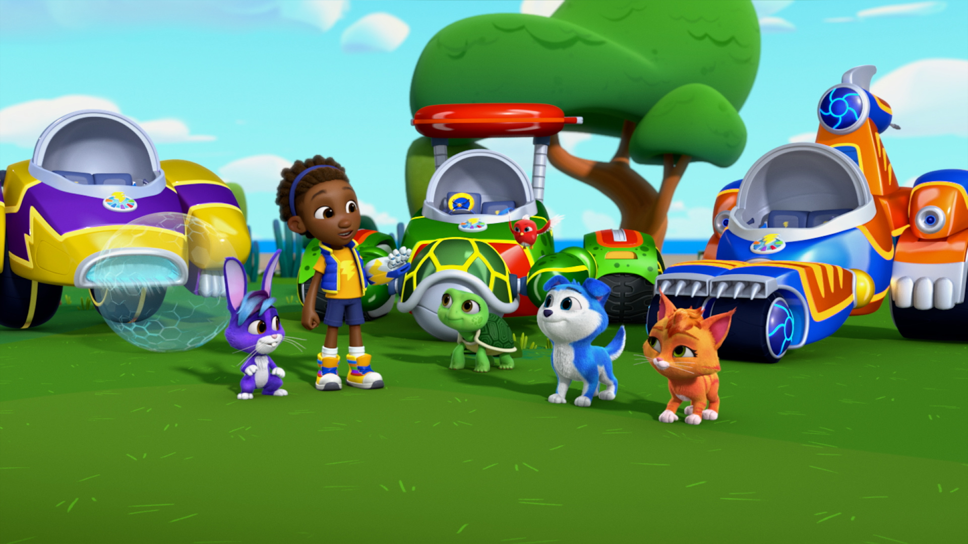 Dax and Team RoboGobo standing in front of their Robo-Vehicles from Disney Jr.'s show, "RoboGobo."