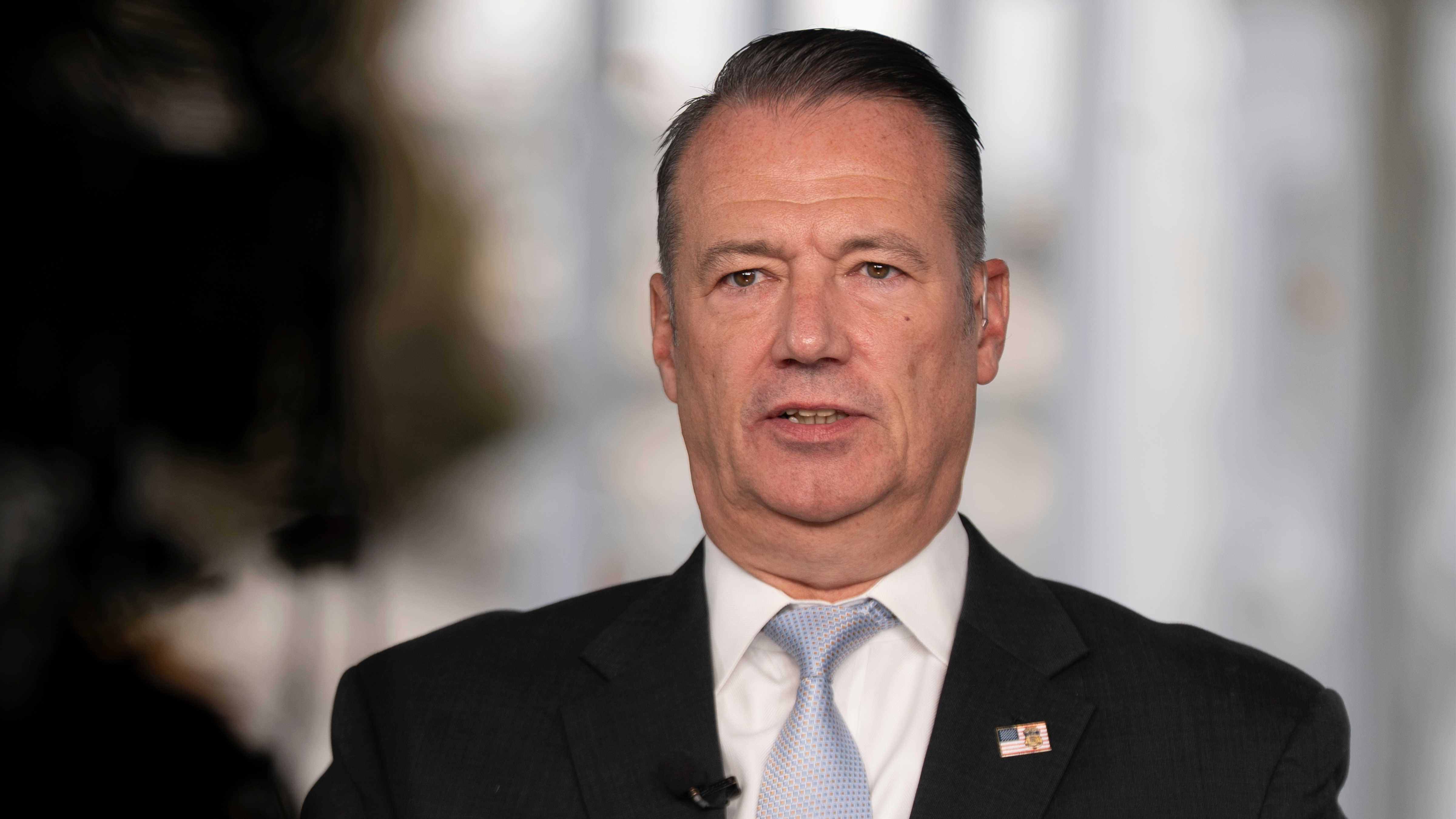 Todd Lyons, acting director of the U.S. Immigration and Customs. Enforcement (ICE), is interviewed on TV on the White House grounds, Monday, Nov. 3, 2025 in Washington. 
