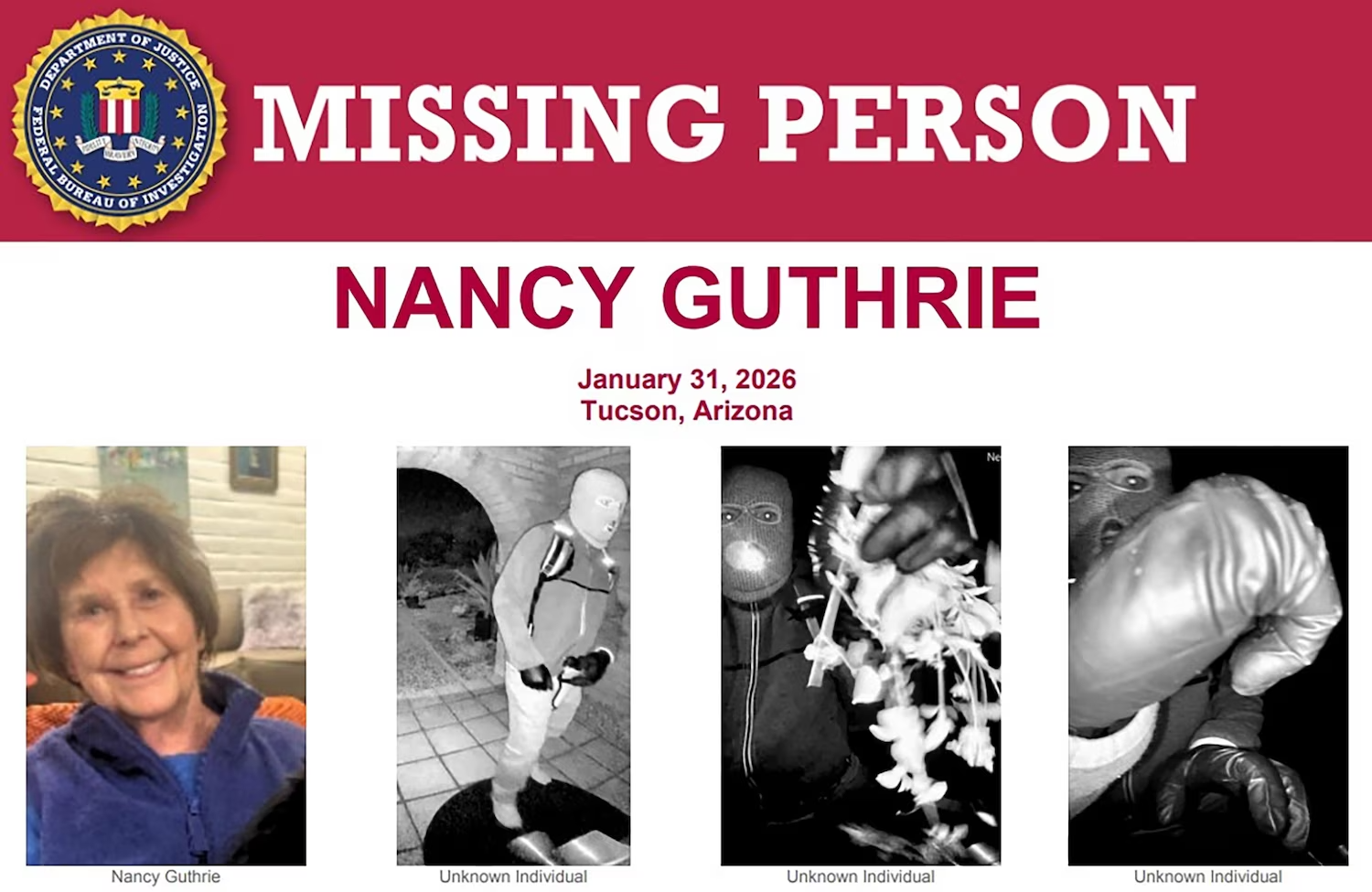 The FBI updated their missing person poster for Nancy Guthrie, Feb. 10, 2026.