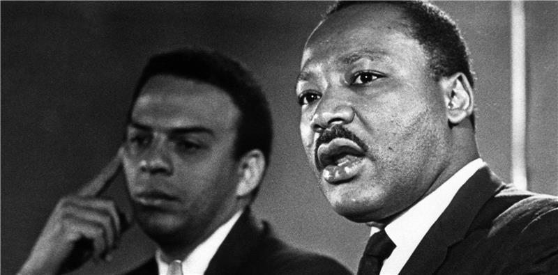 Dr. Martin Luther King Jr. testifying to a Senate Subcommittee on Dec. 15, 1966, with Rev. Andrew Young on his right. 
