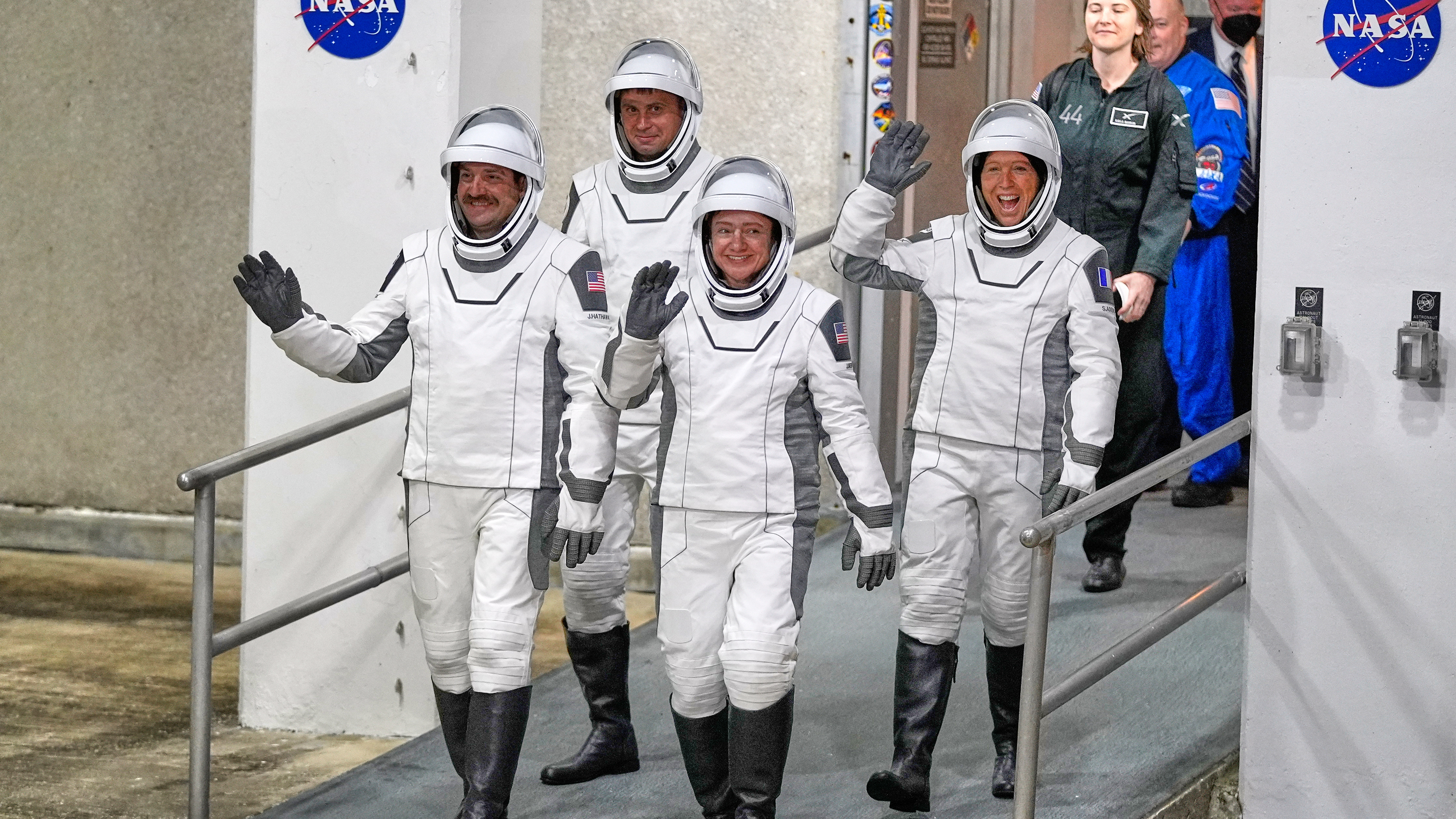 Crew 12 astronauts, from left, pilot Jack Hathaway, Russian cosmonaut Andrei Fedyaev, commander Jessica Meir and ESA astronaut Sophia Adenot, of France, at the Cape Canaveral Space Force Station in Cape Canaveral, Fla., Friday, Feb. 13, 2026.