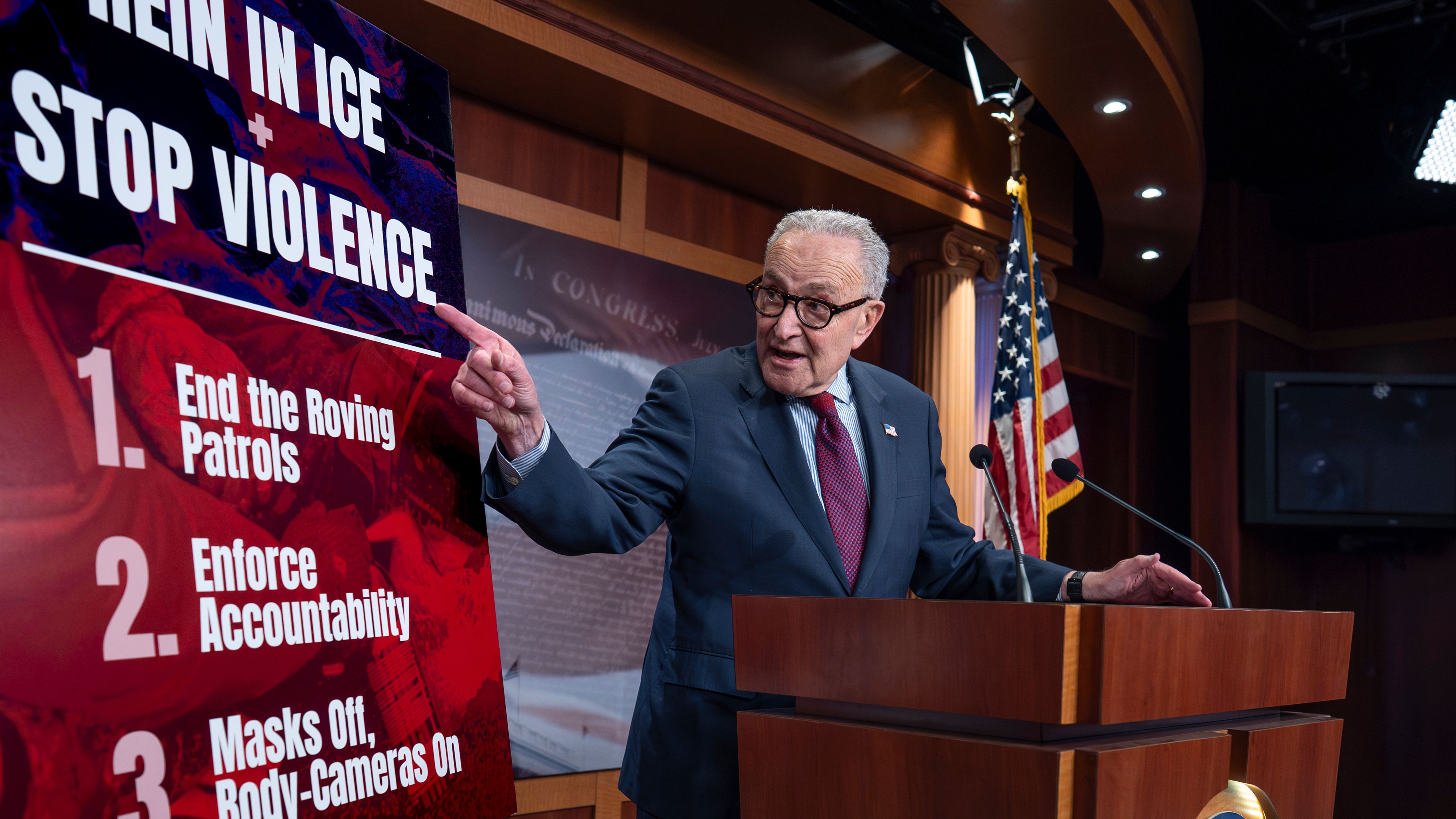 Senate Minority Leader Chuck Schumer, D-N.Y., speaks to reporters at the Capitol in Washington, Thursday, Feb. 12, 2026.