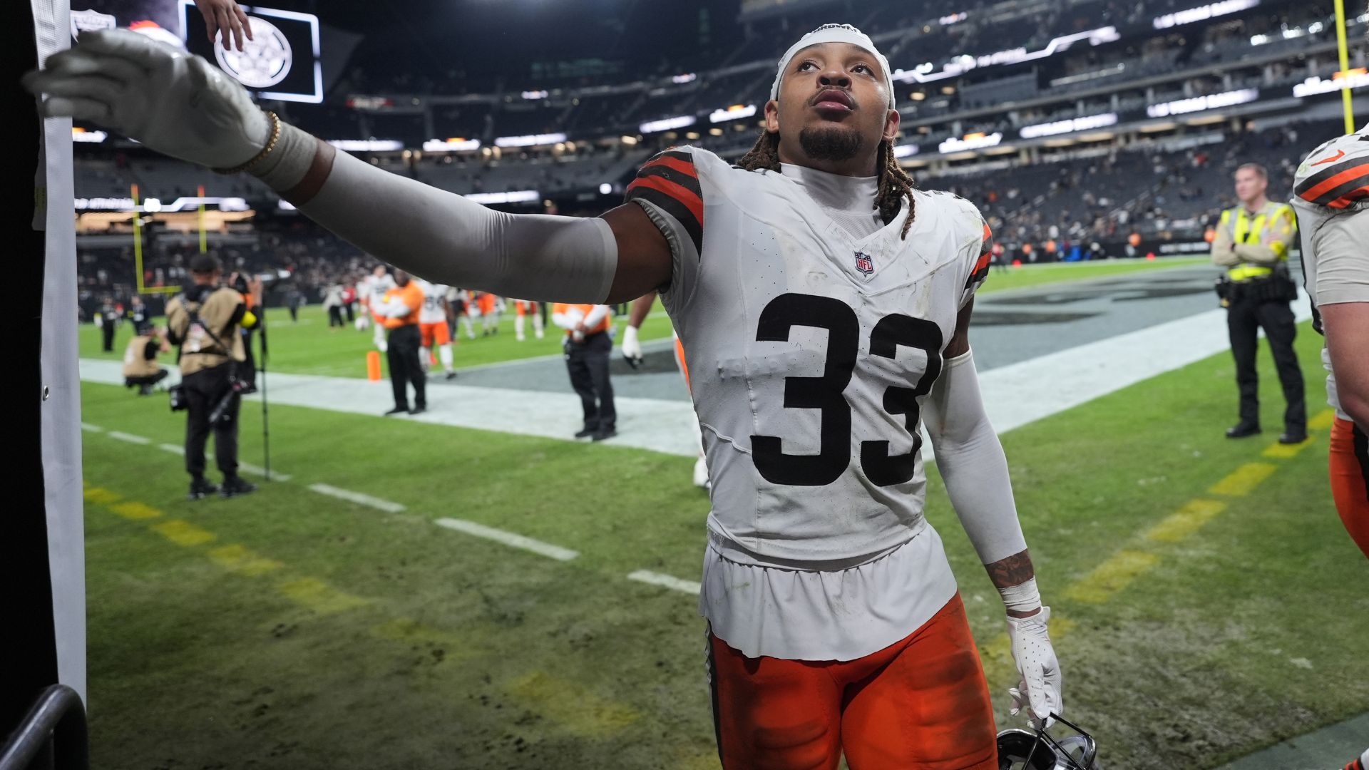 Cleveland Browns safety Ronnie Hickman (33) walks off the field after an NFL football game against the Las Vegas Raiders in Las Vegas, Sunday, Nov. 23, 2025.