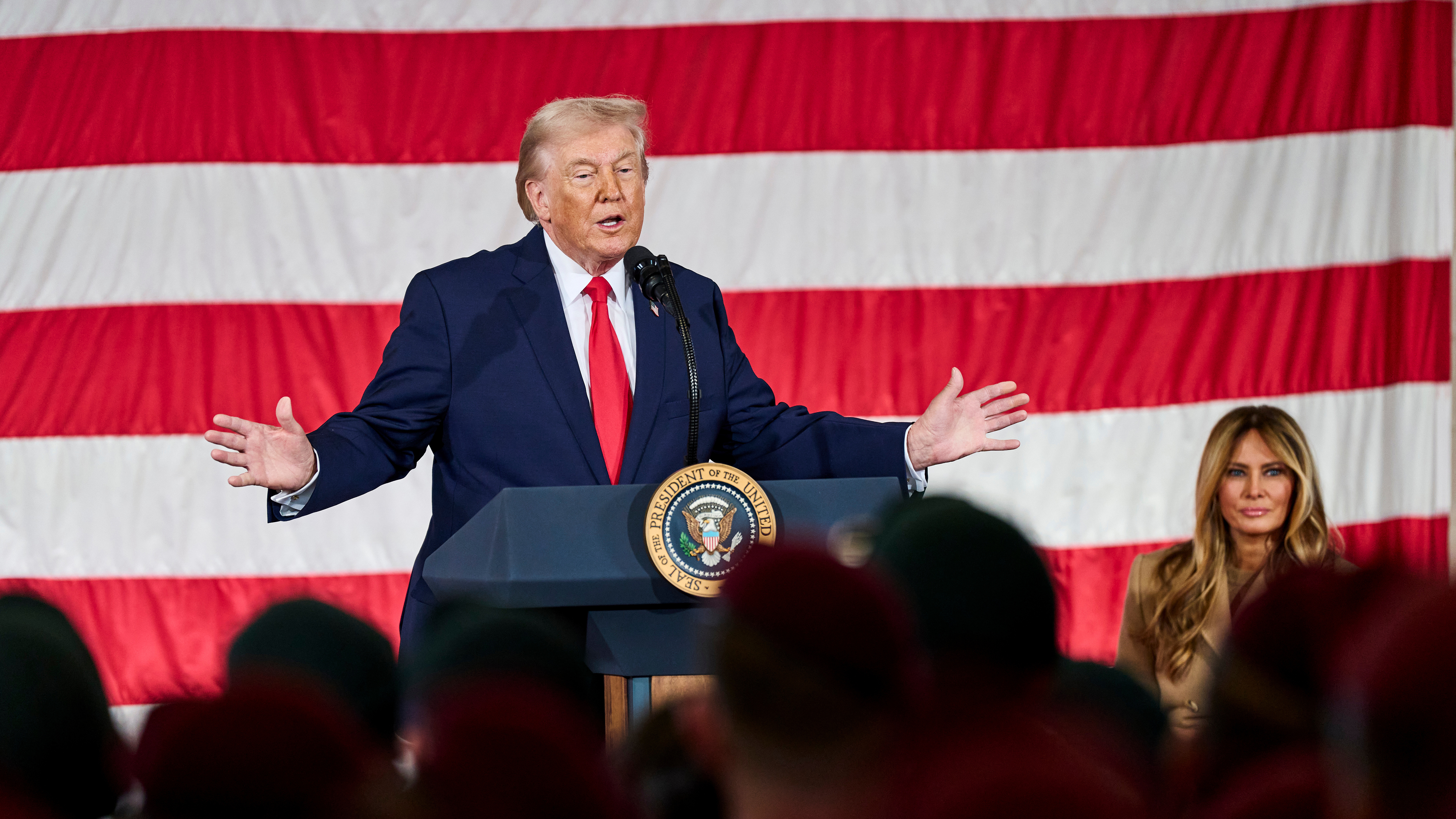 President Donald Trump gives remarks to the troops in Fort Bragg, N.C., Friday, Feb. 13, 2026. 