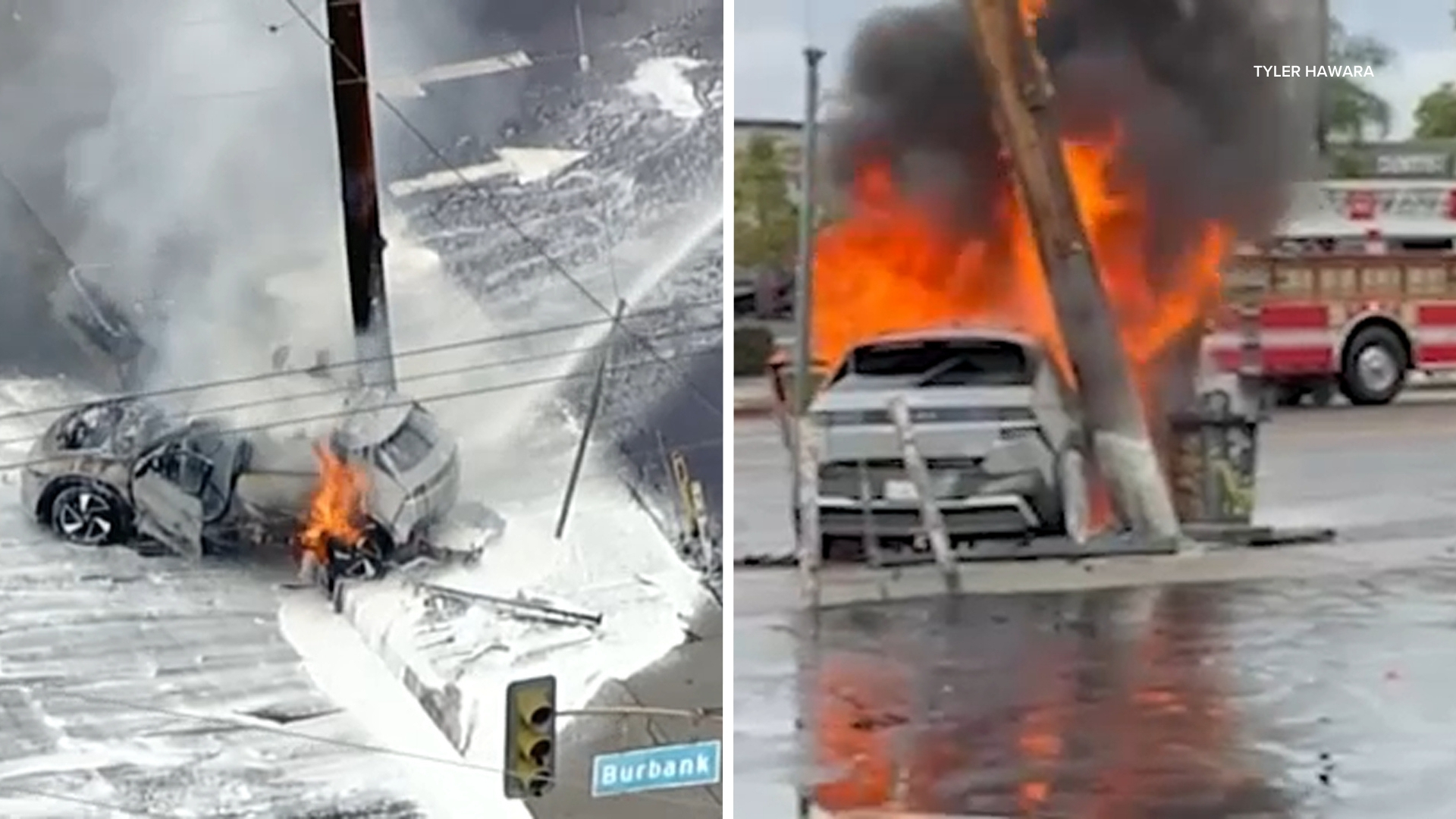 Good Samaritan pulls driver from vehicle as car erupts in flames after NoHo crash, witness says