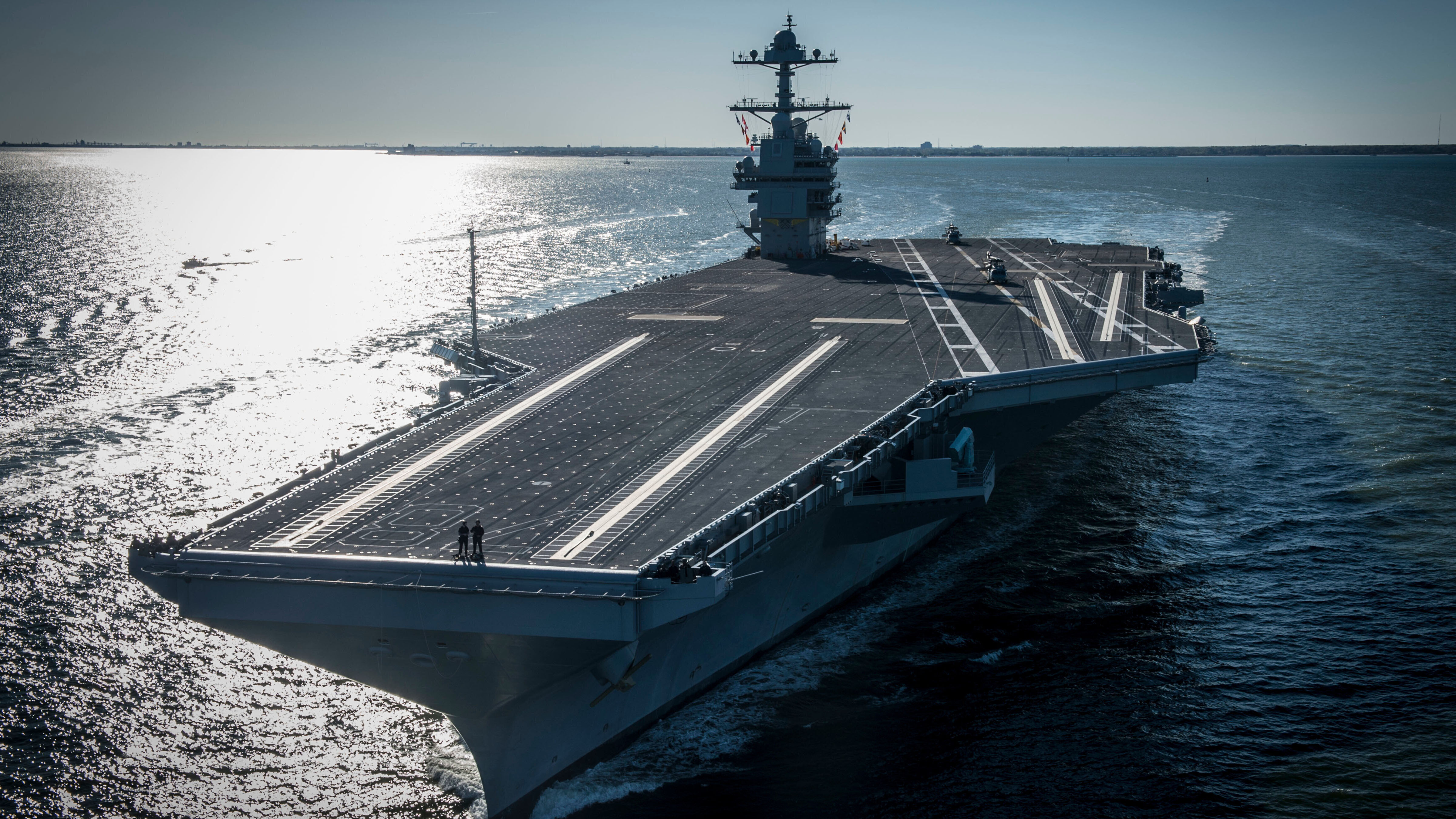 In this photo provided by the U.S. Navy, the USS Gerald R. Ford embarked on the first of its sea trials to test various state-of-the-art systems on its own power for the first time, April 8, 2017, from Newport News, Va.