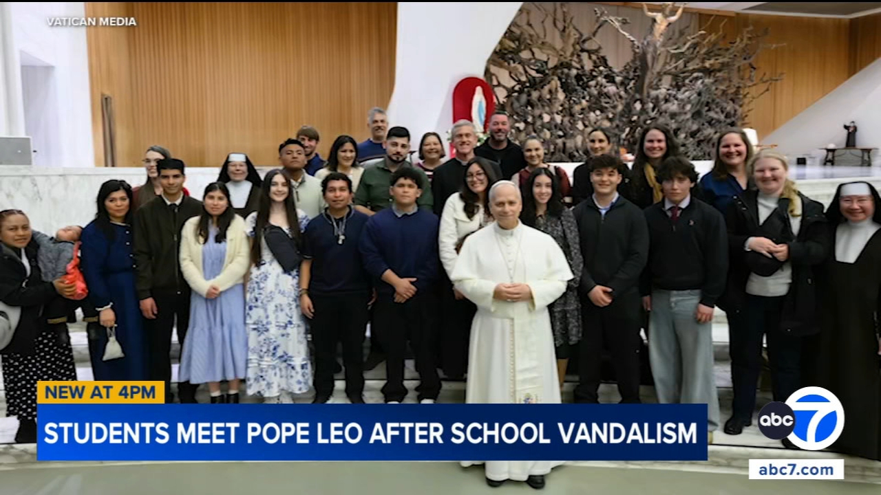 Students at Holy Innocents School in Long Beach meet Pope Leo after campus vandalism incident