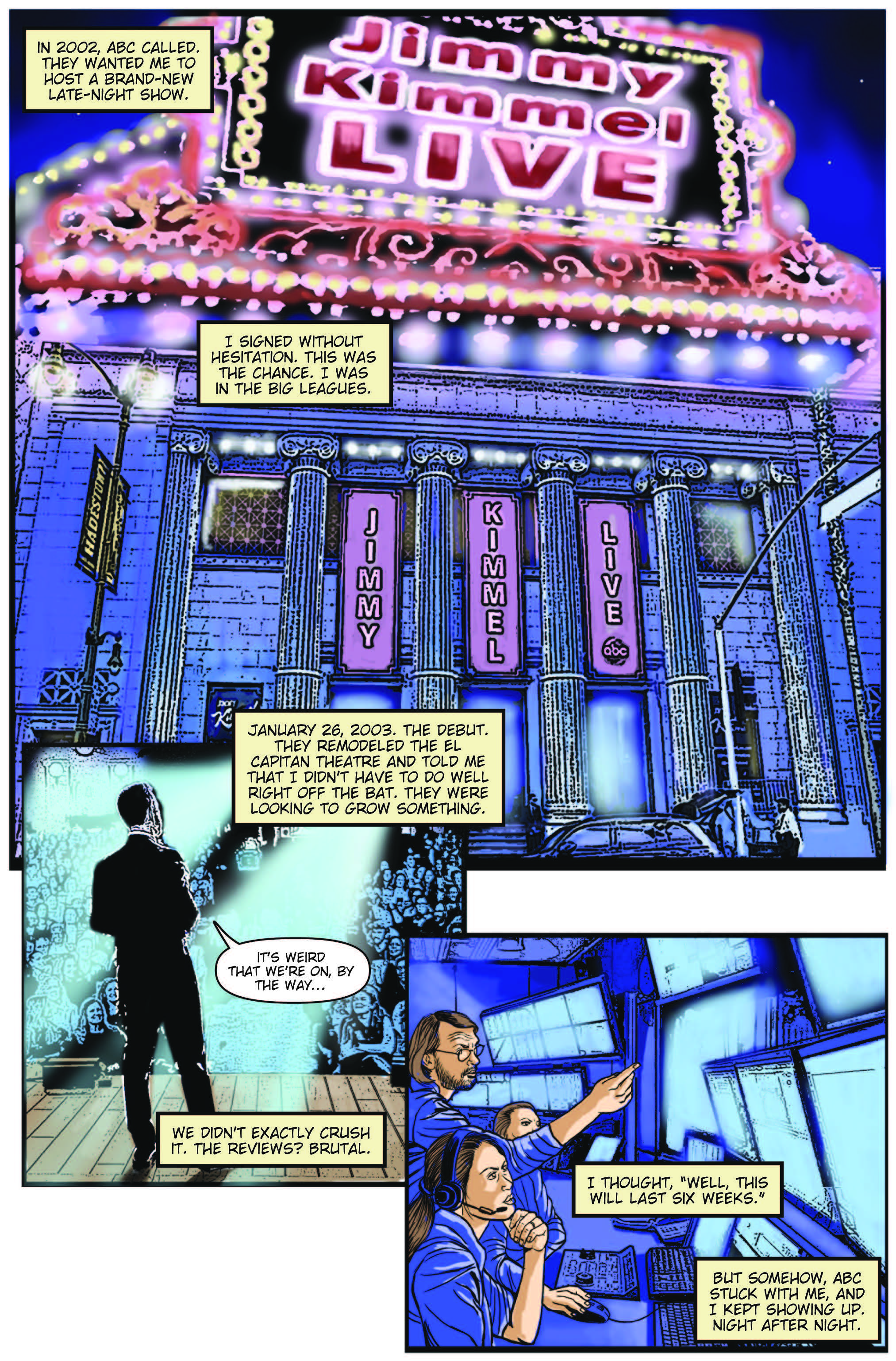 Page from "Fame: Jimmy Kimmel," Written by Michael Frizzell and drawn by Elmo Rocco.