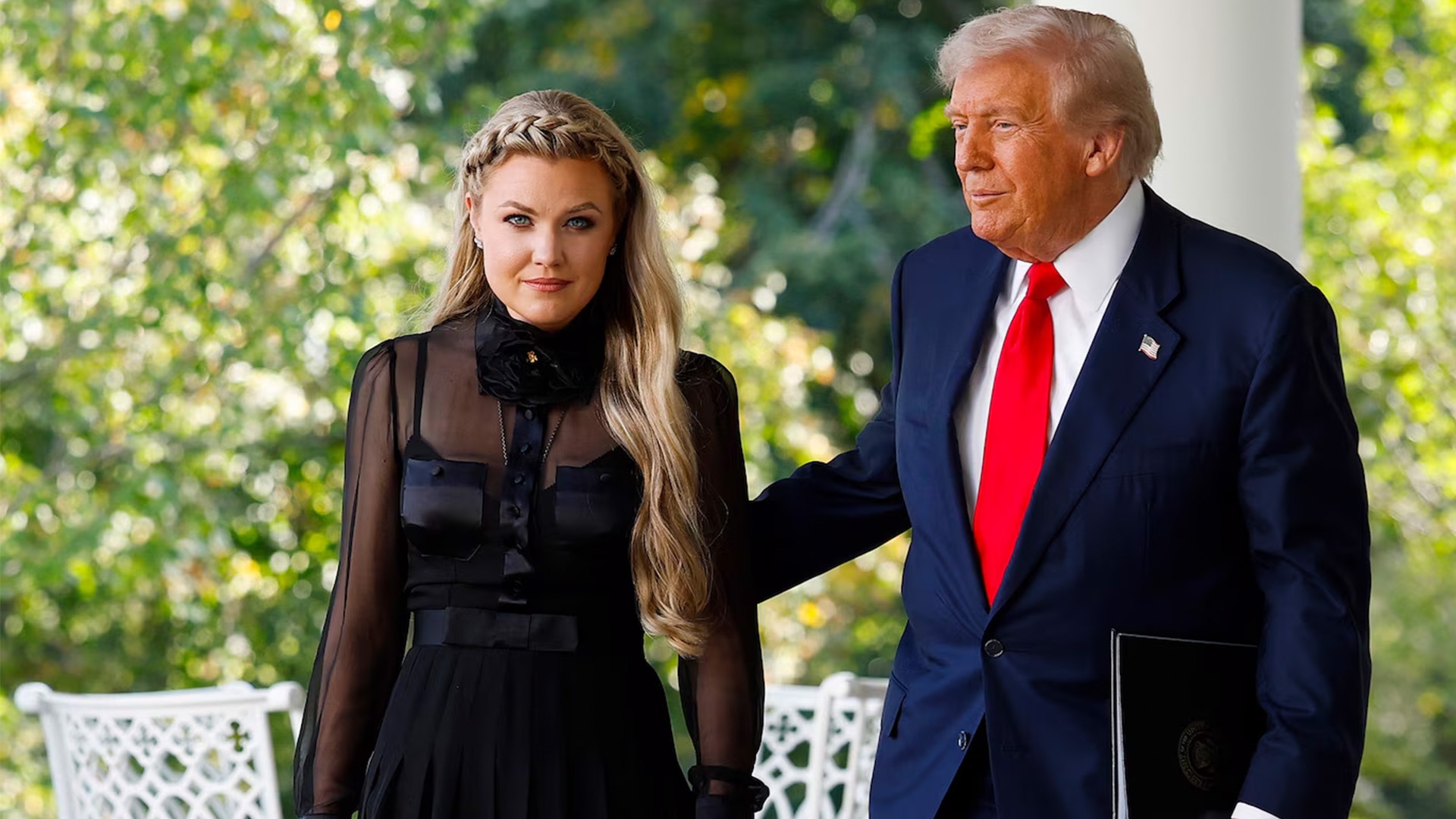Erika Kirk arrives with Pres. Donald Trump as he posthumously awards the Presidential Medal of Freedom to her late husband, Charlie Kirk, on Oct. 14, 2025 in Washington.