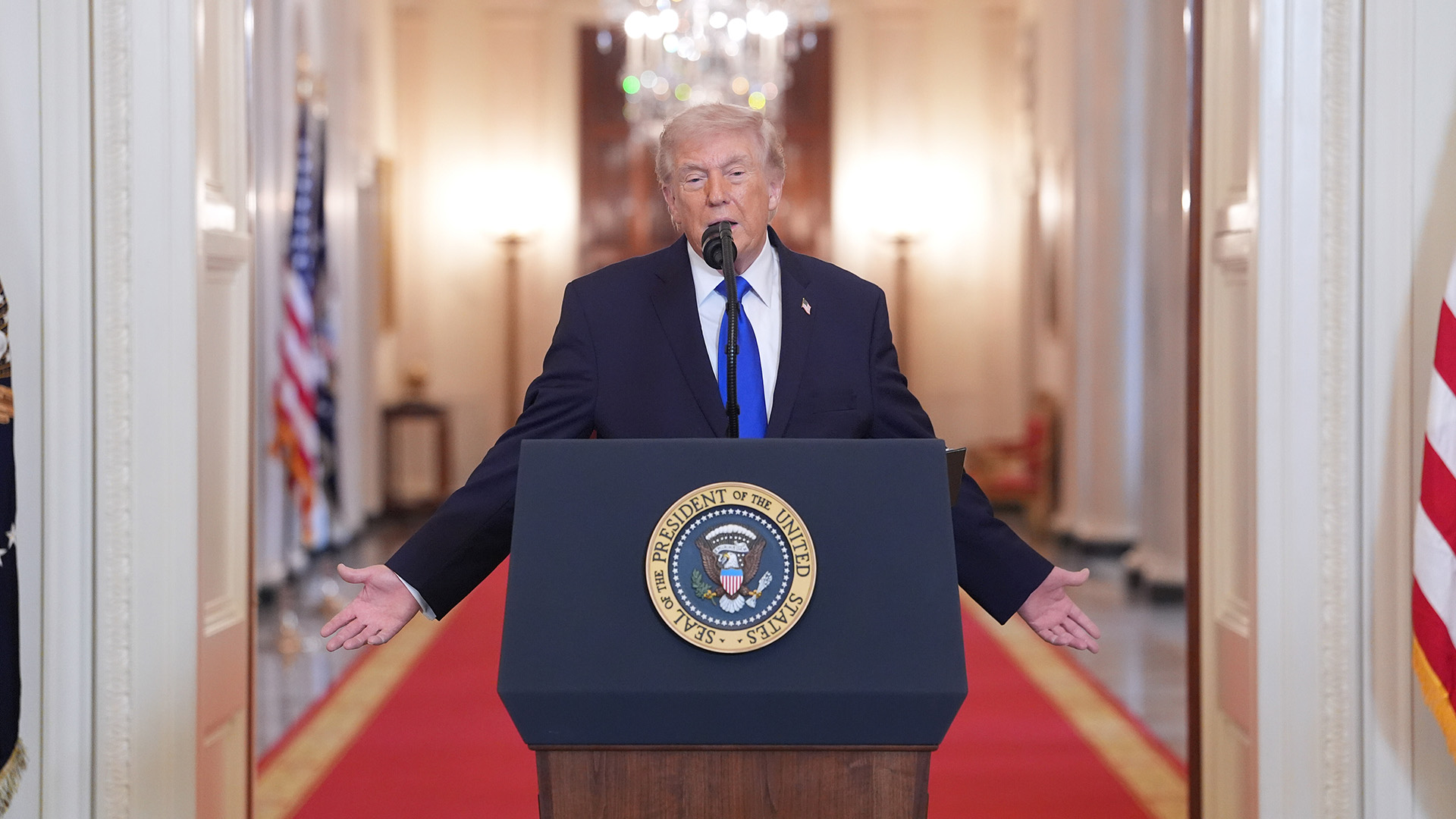 President Donald Trump speaks during an event to proclaim "Angel Family Day" in the East Room of the White House, Monday, Feb. 23, 2026, in Washington.