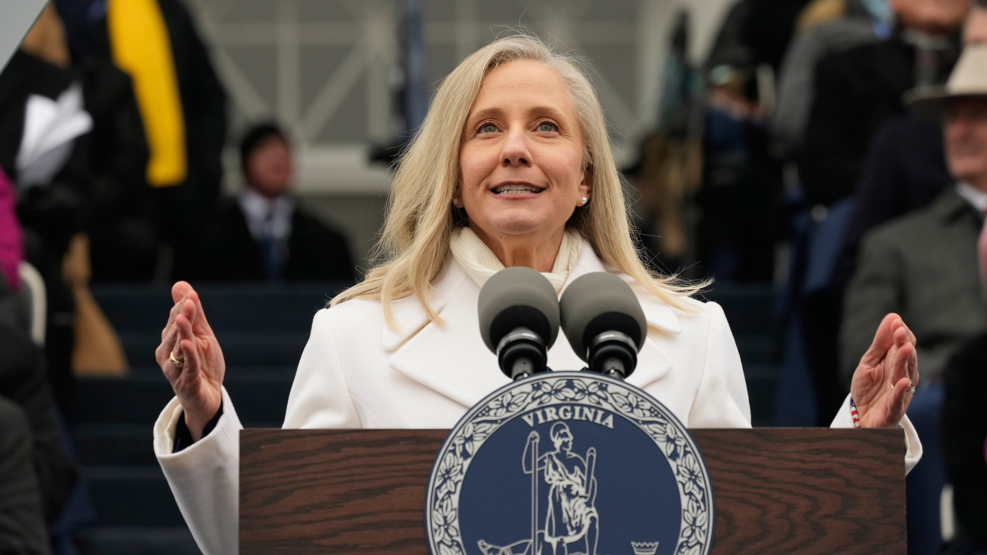 Virginia Gov. Abigail Spanberger speaks during inaugural ceremonies at the Capitol in Richmond Va., Saturday Jan. 17, 2026.