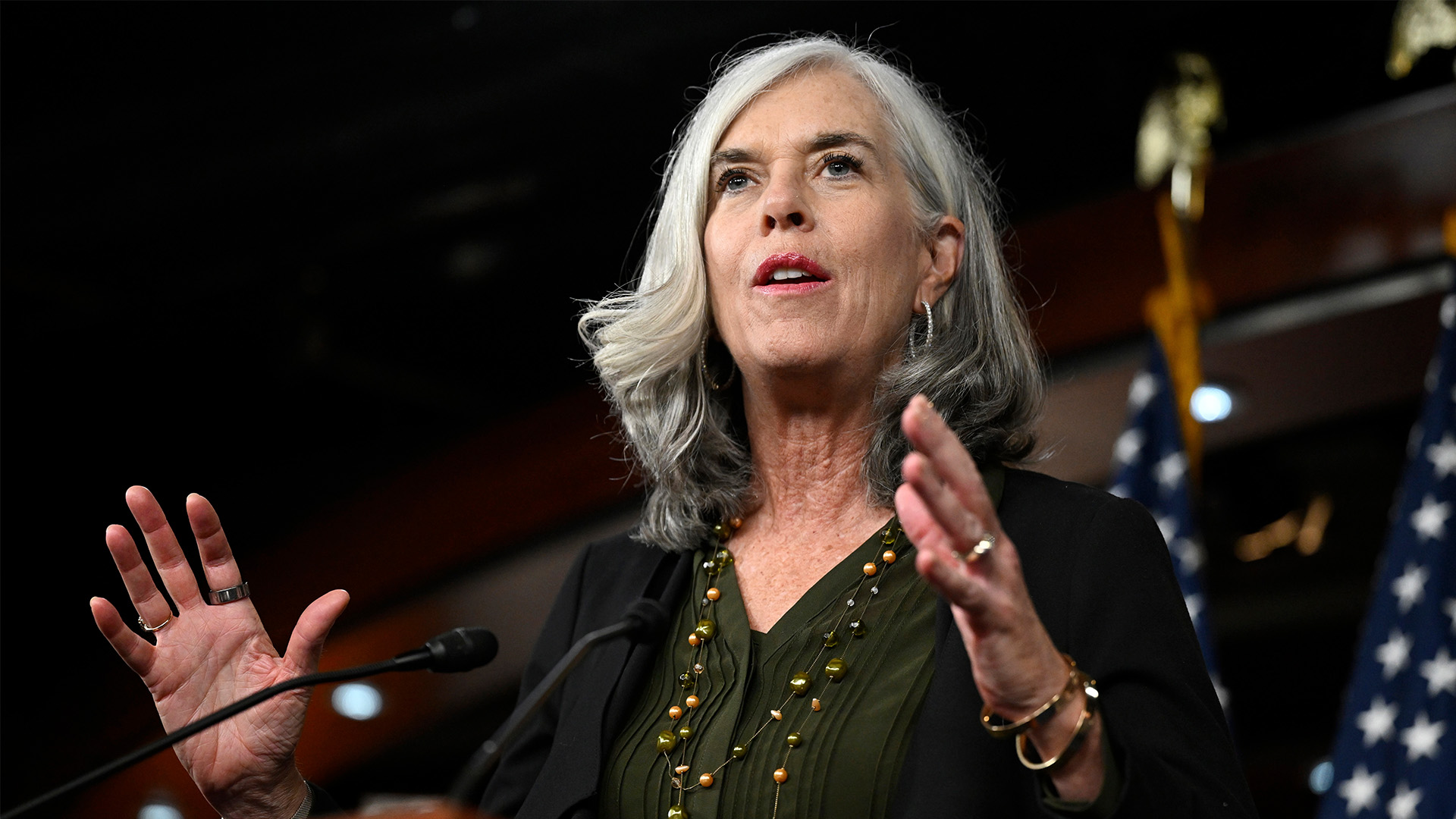 House Minority Whip Katherine Clark, D-Mass., speaks at a news conference on the 8th day of a government shutdown at the U.S. Capitol on Wednesday, Oct. 8, 2025, in Washington.