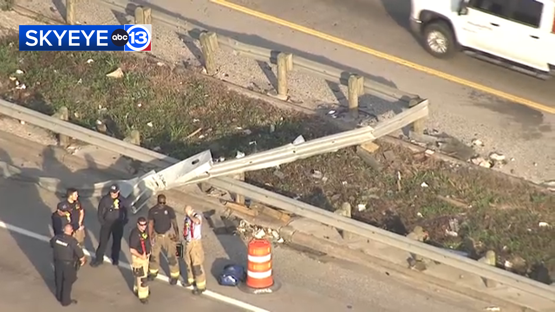 SkyEye was overhead, showing the aftermath of the accident. Images showed a damaged guardrail that was left on the shoulder and a vehicle being towed.