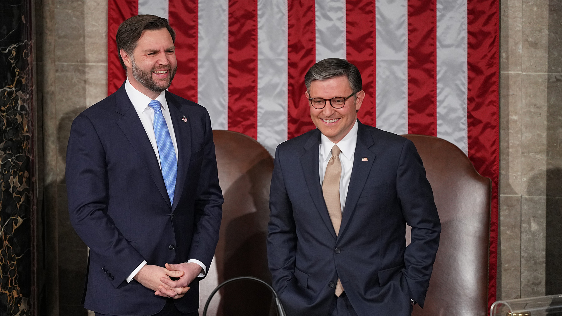 Vice President JD Vance and House Speaker Mike Johnson of La. are seen in the House chamber at the U.S. Capitol in Washington, Tuesday, Feb. 24, 2026.
