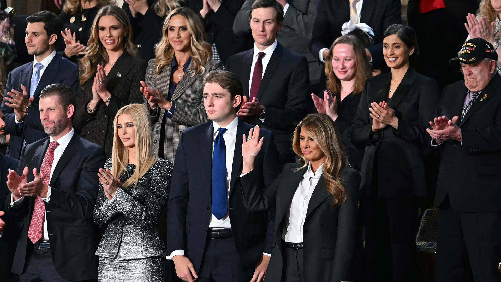 First Lady Melania Trump stands and waves as she arrives for the State of the Union address in the House Chamber of the U.S. Capitol in Washington, DC, on Feb. 24, 2026.