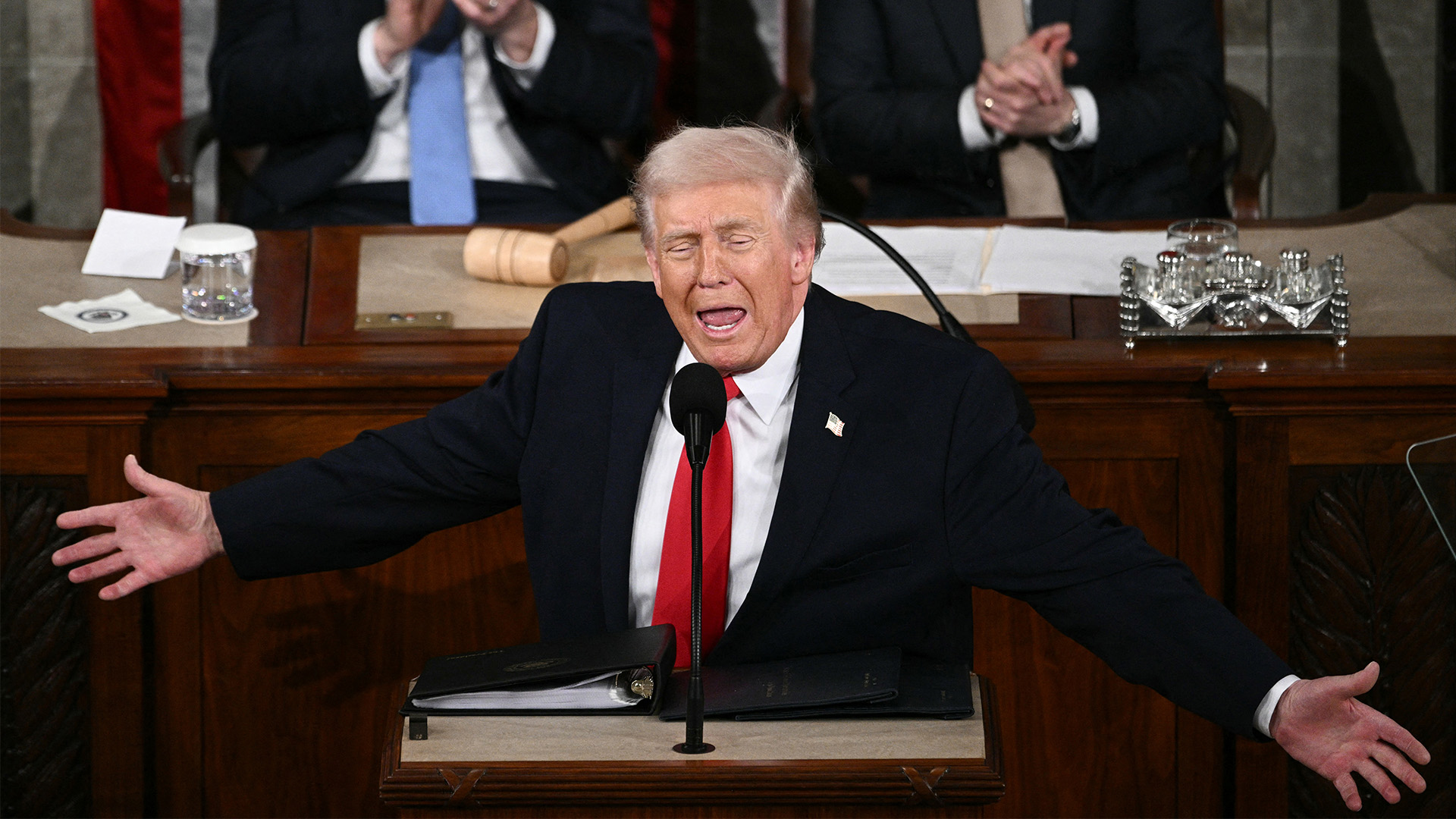 President Donald Trump gestures as he delivers the State of the Union address in the House Chamber of the U.S. Capitol in Washington, D.C., on Feb. 24, 2026.