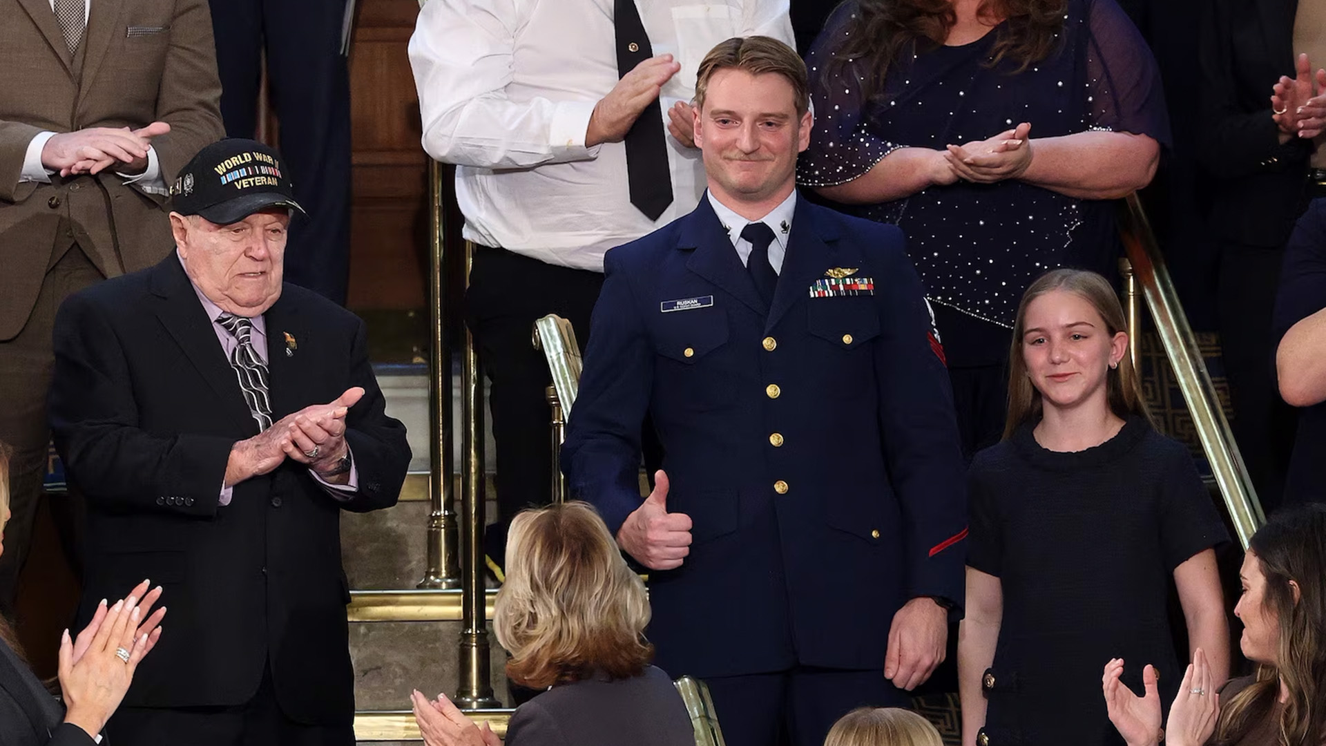 U.S. Coast Guard Petty Officer 3rd Class Scott Ruskan is honored as President Donald Trump delivers his State of the Union address on Feb. 24, 2026, in Washington, D.C.