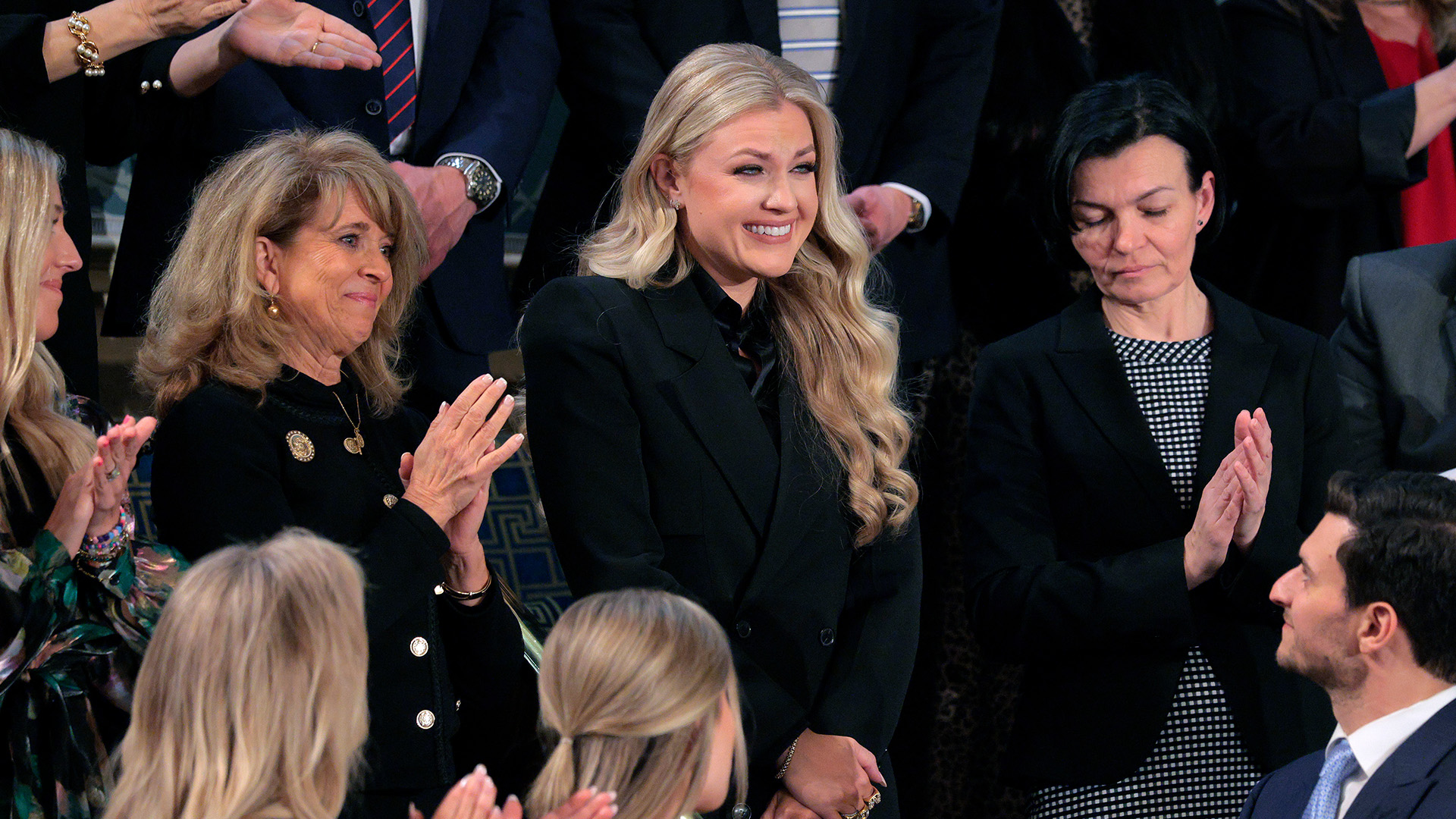 Erika Kirk smiles as President Donald Trump delivers his State of the Union address at the U.S. Capitol on Feb. 24, 2026, in Washington, D.C.