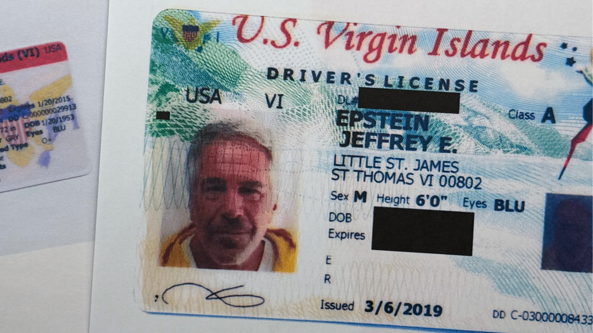 A partially redacted document that was included in the U.S. Department of Justice release of the Jeffrey Epstein files, photographed Wednesday, Feb. 4, 2026, shows a U.S. Virgin Islands drivers license.