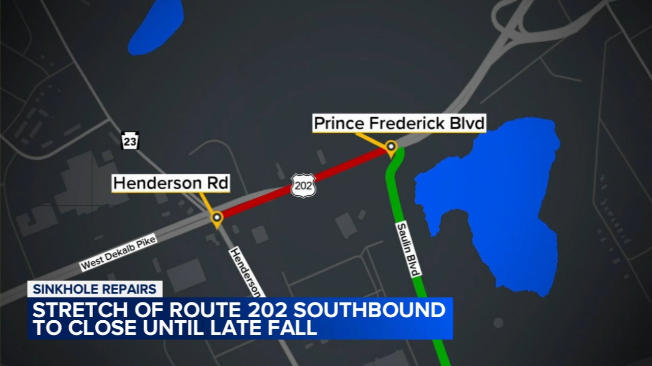 A stretch of Route 202 southbound in King of Prussia, Pa. will be closed until late fall 2026 for recurring sinkhole repairs.