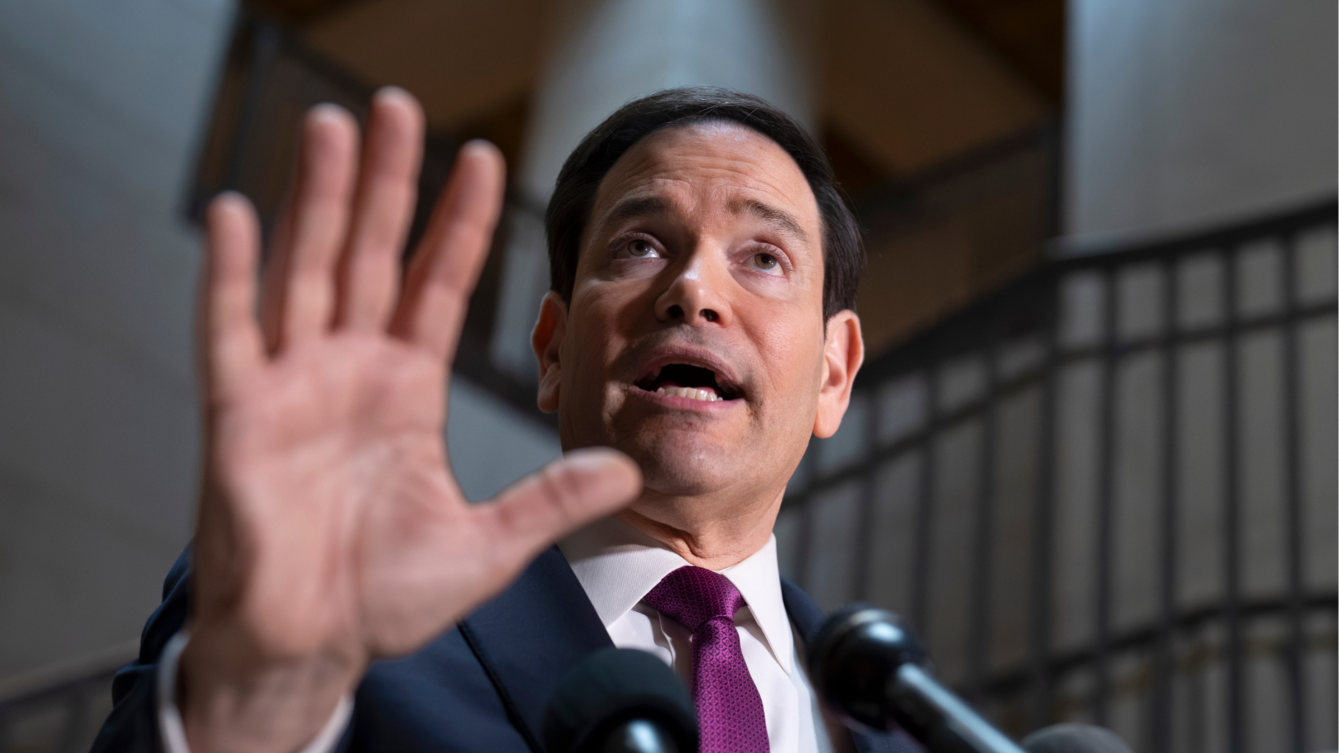 Secretary of State Marco Rubio speaks to reporters on Capitol Hill in Washington, Monday, March 2, 2026.