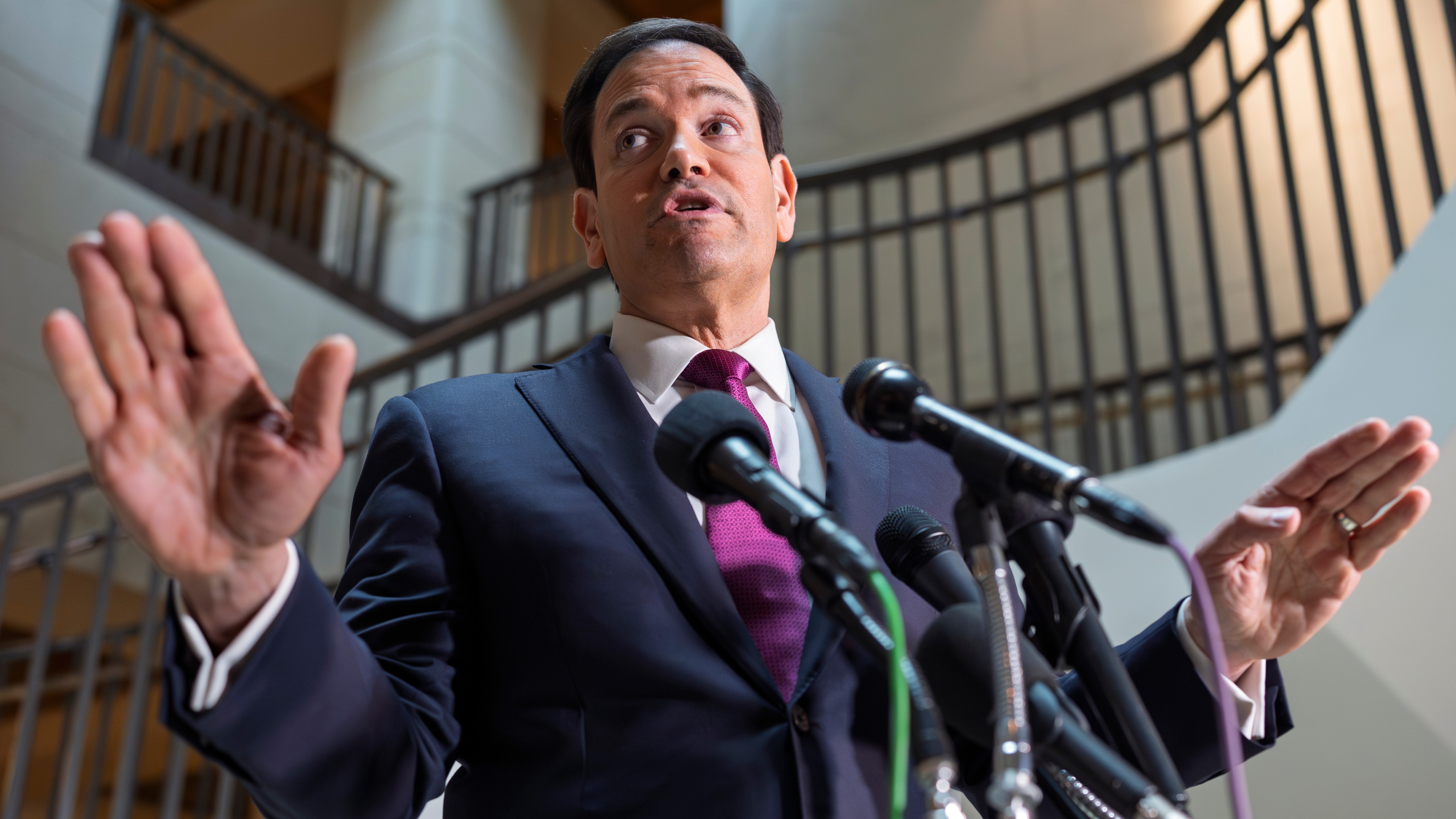 Secretary of State Marco Rubio speaks to reporters as he arrives for an intelligence briefing with top lawmakers on Iran, at the Capitol in Washington, Monday, March 2, 2026.