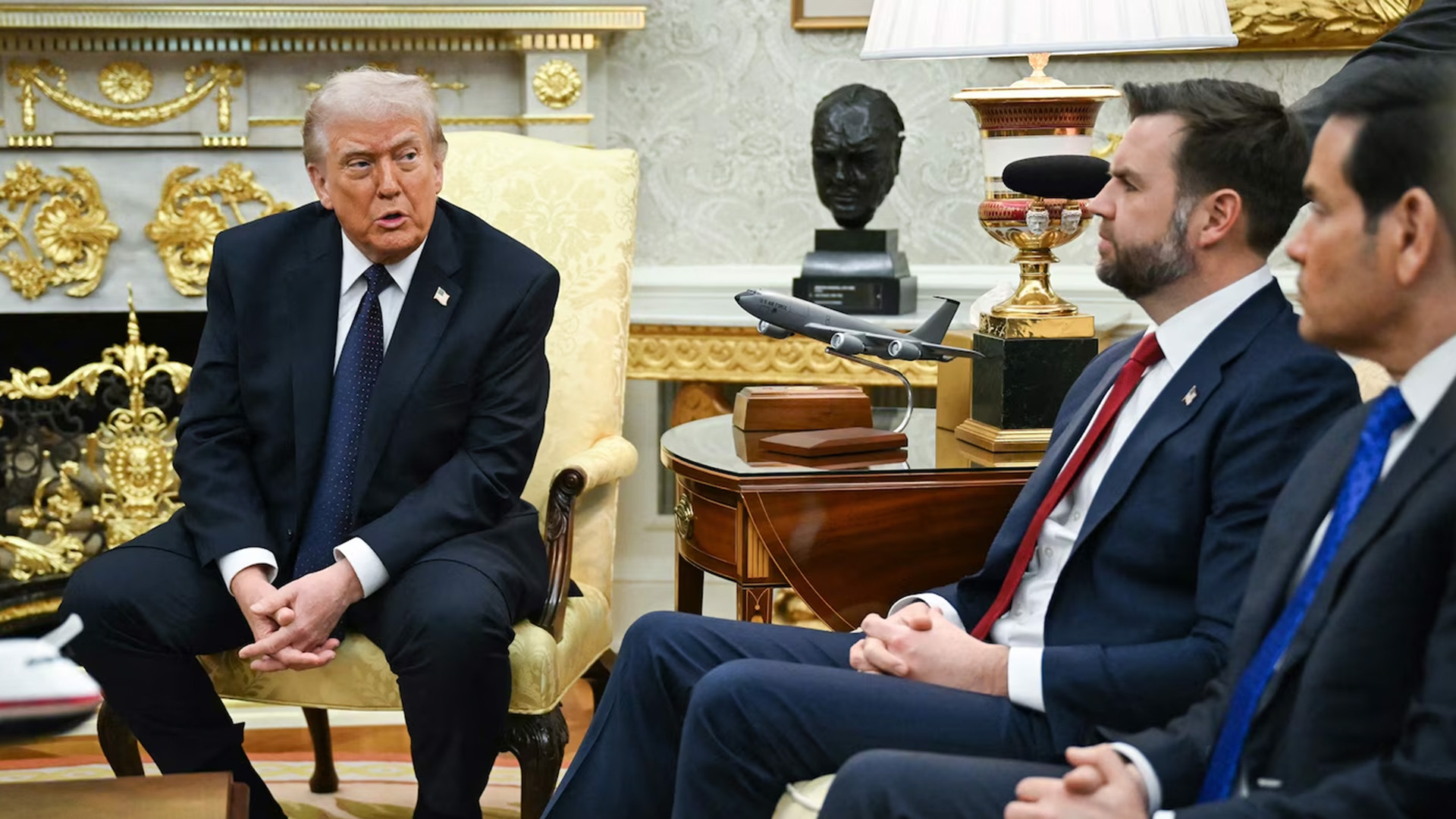 Secretary of State Rubio and Vice President Vance listen as President Trump speaks during a meeting with German Chancellor Merz at the White House in Washington, March 3, 2026.