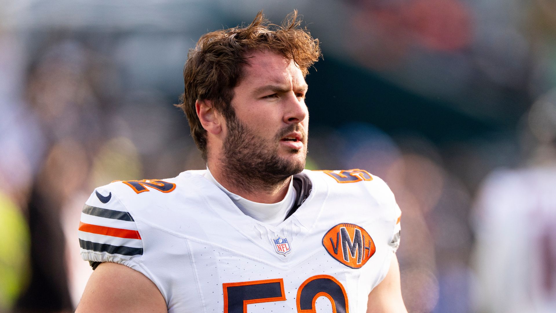 Chicago Bears offensive lineman Drew Dalman looks on prior to an NFL football game against the Philadelphia Eagles, Friday, Nov. 28, 2025, in Philadelphia.