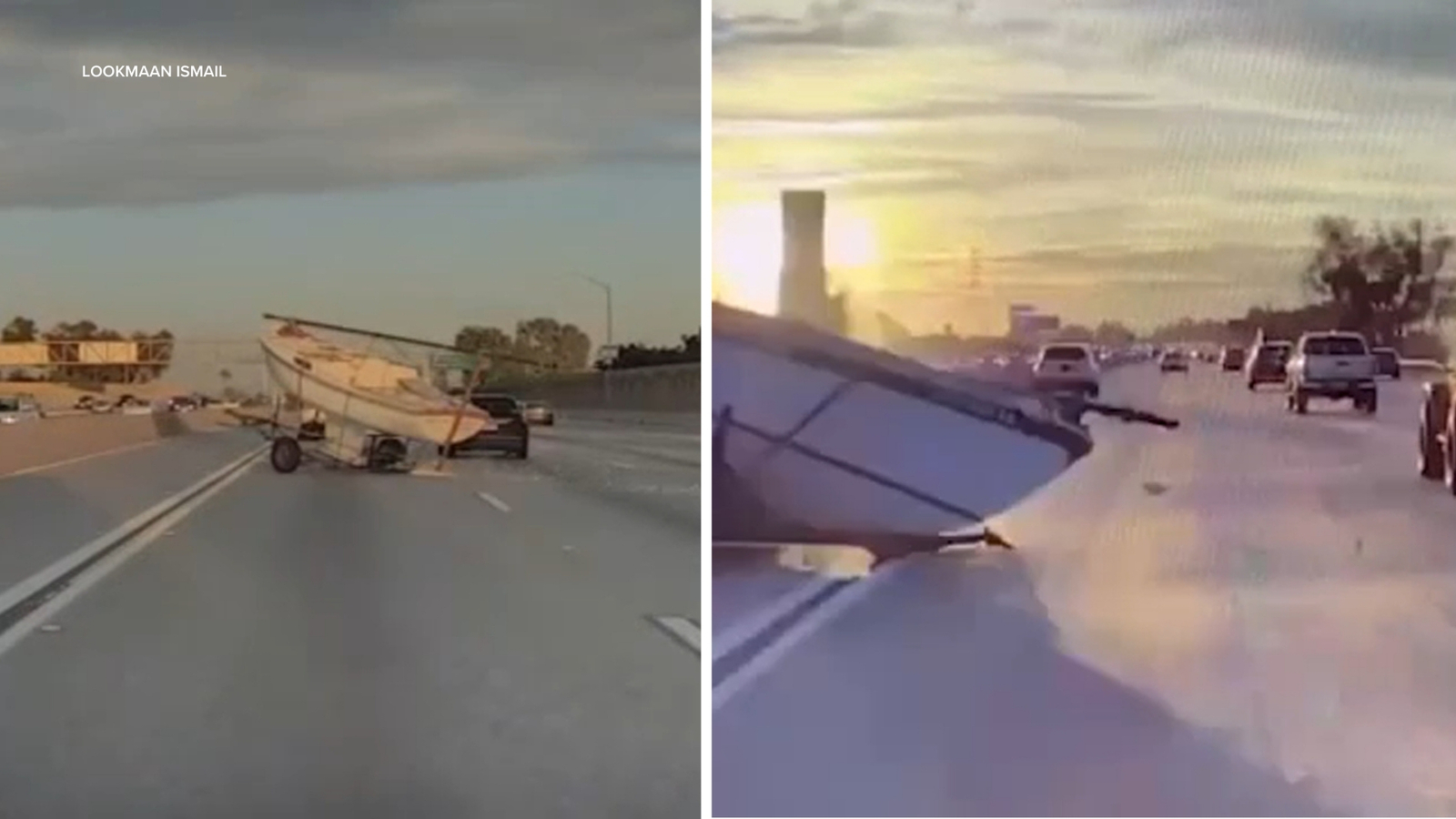 Video shows driver narrowly avoid disaster as loose boat darts across 91 Freeway in Bellflower Video shows driver narrowly avoid disaster as loose boat darts across 91 Freeway in Bellflower
