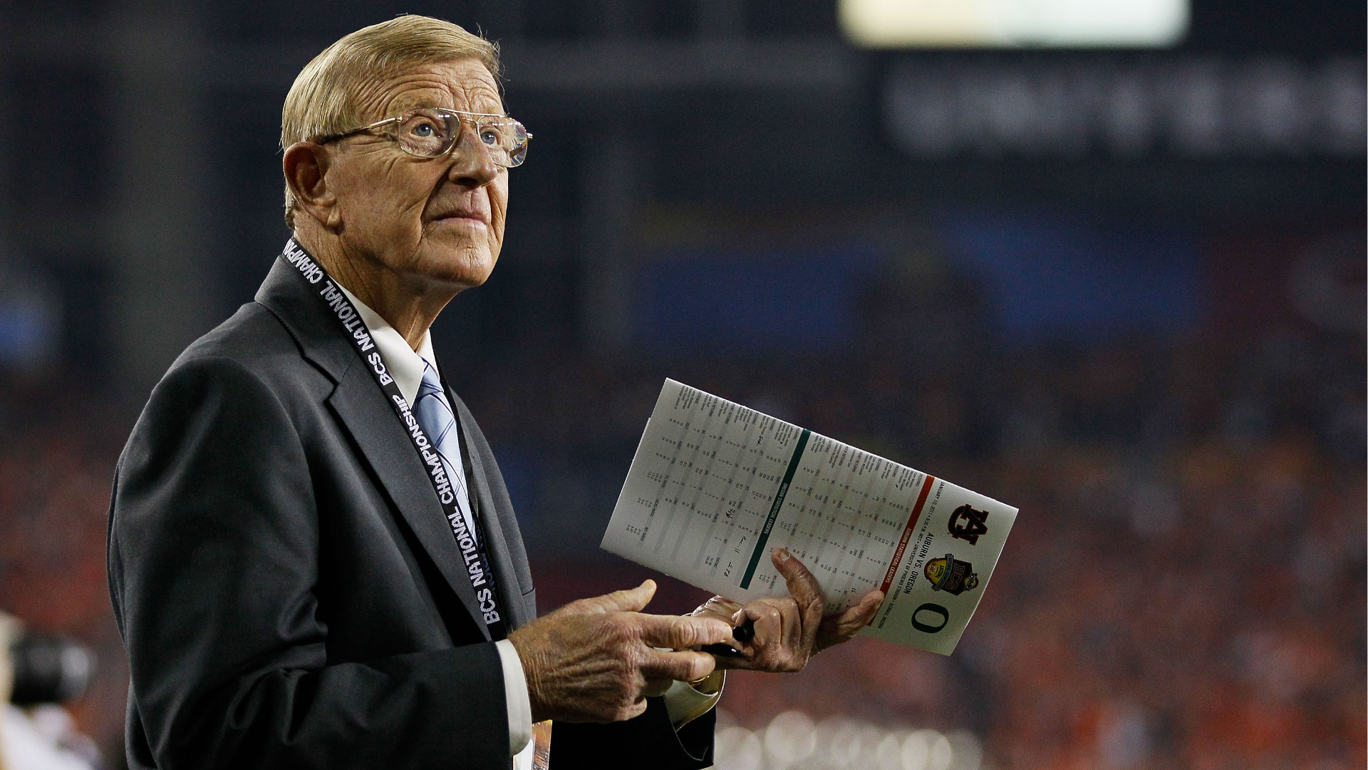 SPN reporter Lou Holtz looks on during the Tostitos BCS National Championship Game between the Oregon Ducks and the Auburn Tigers at University of Phoenix Stadium on January 10, 2011 in Glendale, Arizona.