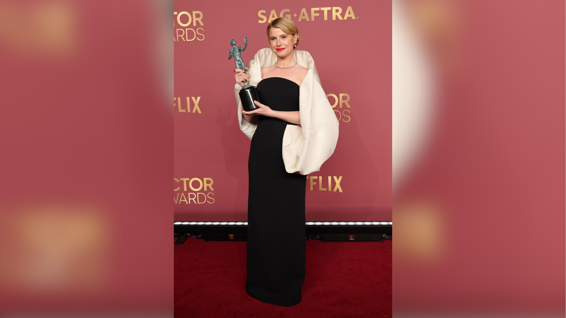 Jessie Buckley, winner of the Outstanding Performance by a Female Actor in a Leading Role award for "Hamnet," poses during the 32nd Annual Actor Awards March 01, 2026.